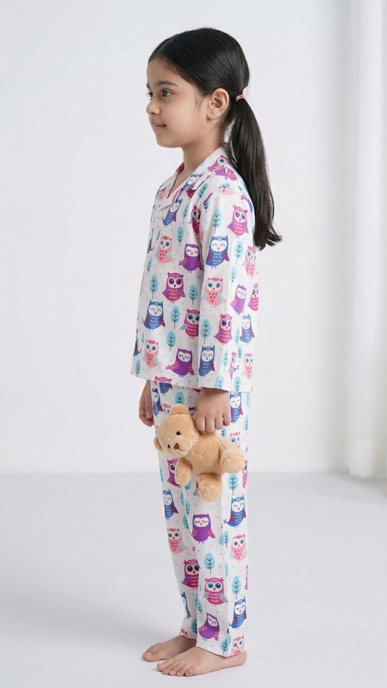 Kids' White & Purple Owl Print Pure Cotton Girls Night Suit