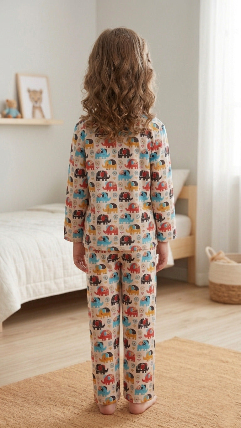 Kids' Elephant Print Cotton Girls Night Suit