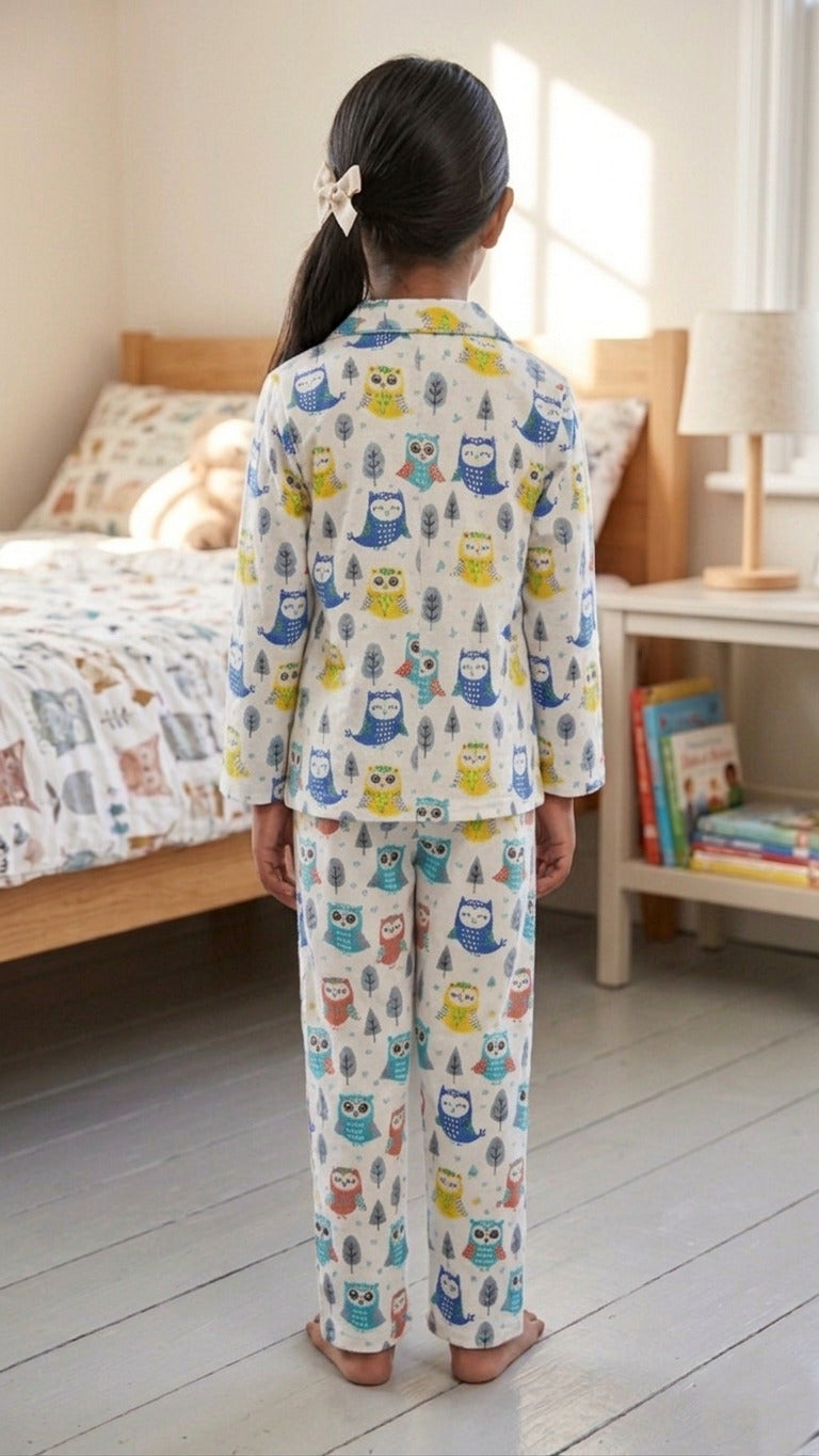 White & Blue Owl Print Pure Cotton Girls Night Suit