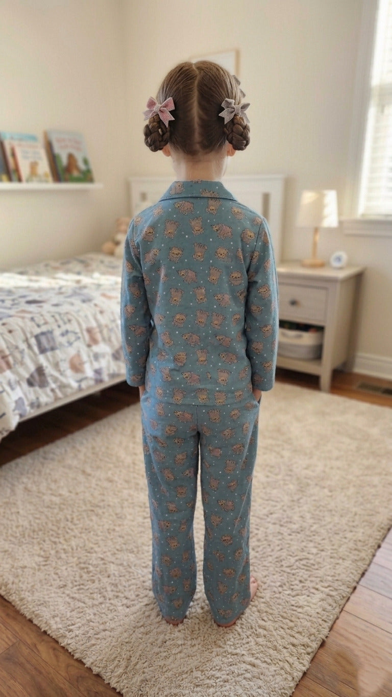 Teal Blue & Grey Hedgehog Print Pure Cotton Girls Night Suit