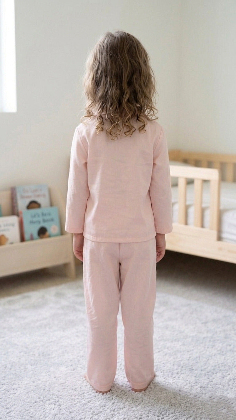 Kids' Peach Solid Satin Girls Night Suit
