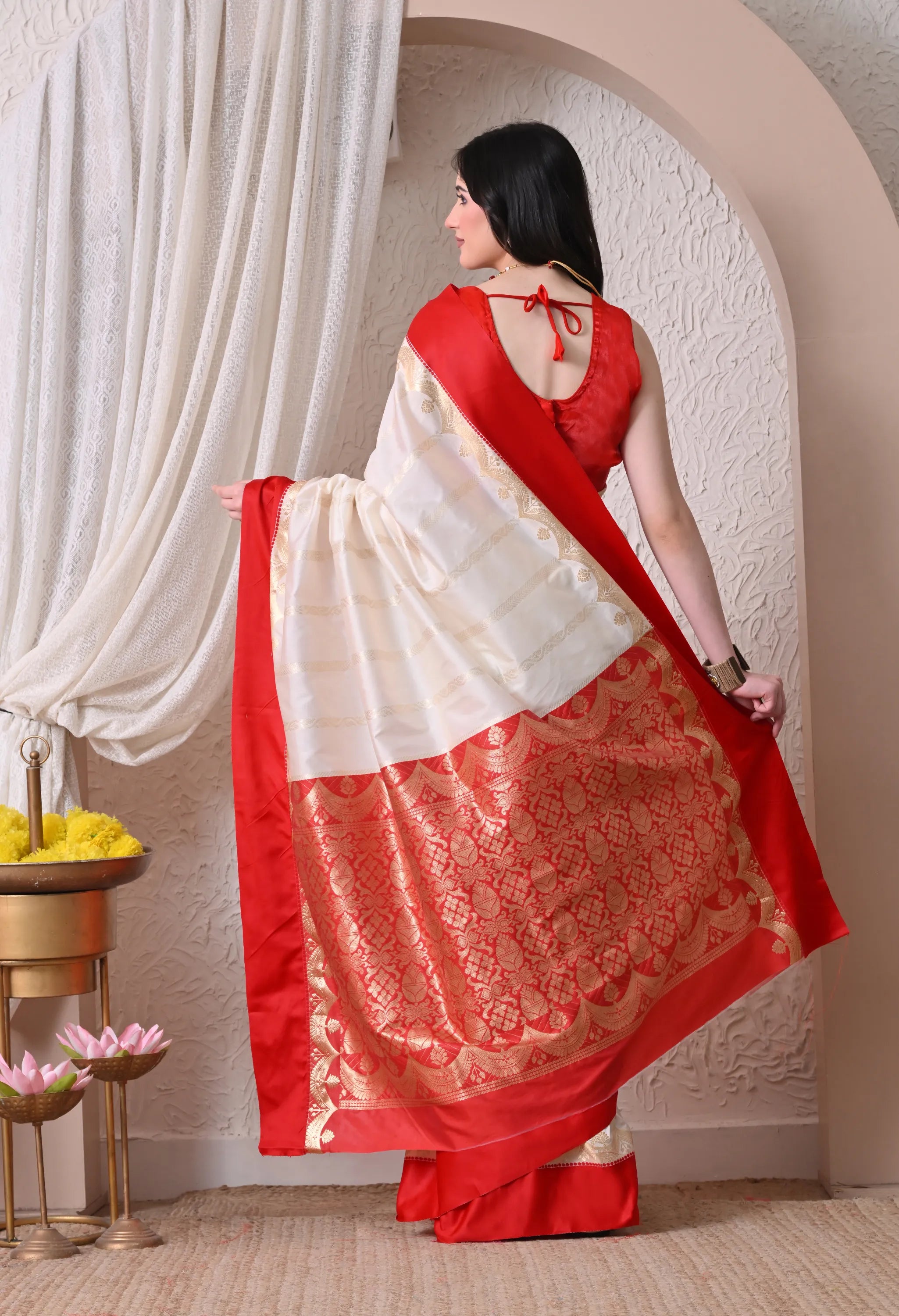Silk Blend Saree in Ivory White & Vermilion Red