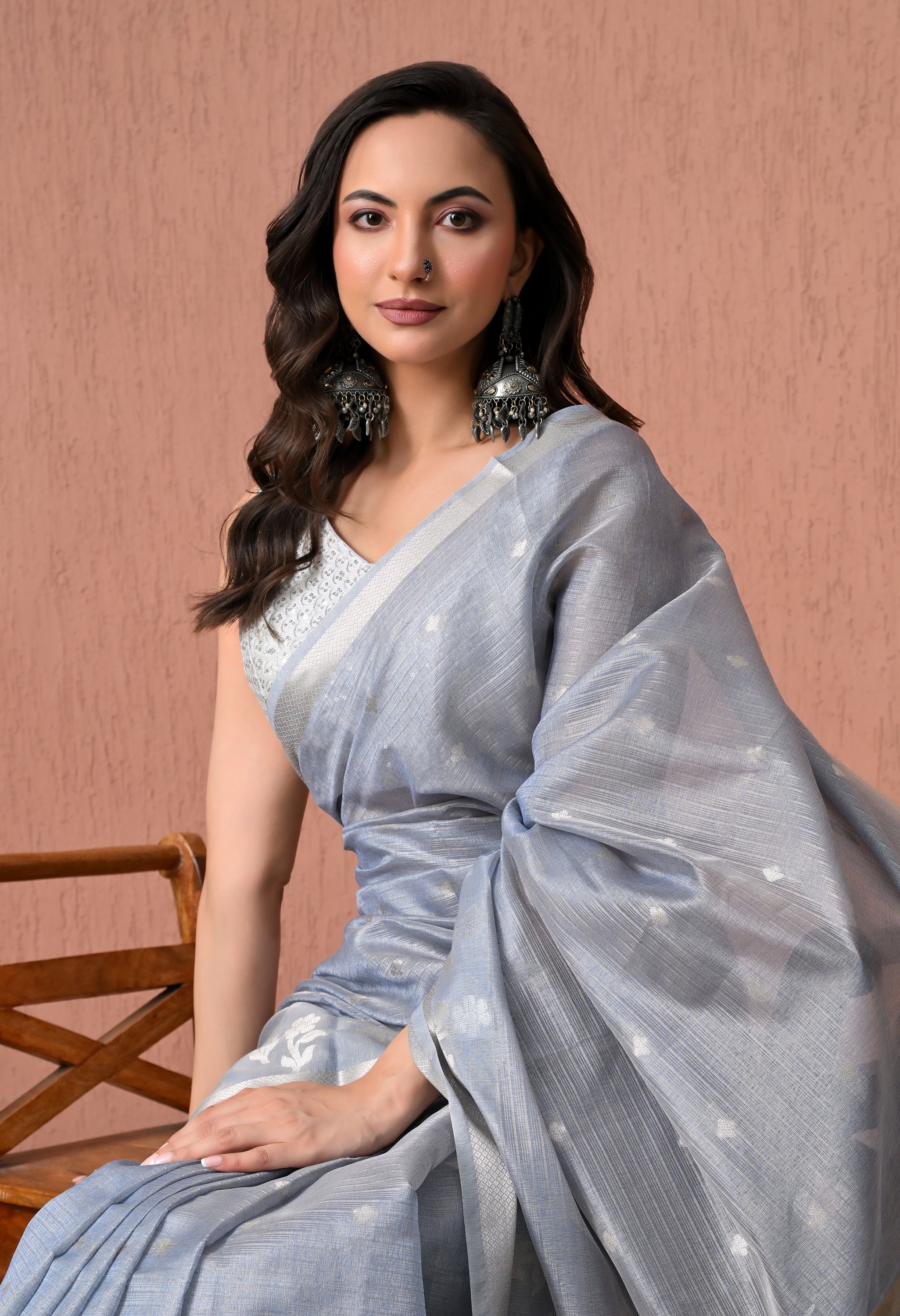 Pure Cotton  Saree in Light Blue with Silver Zari Floral Artistry