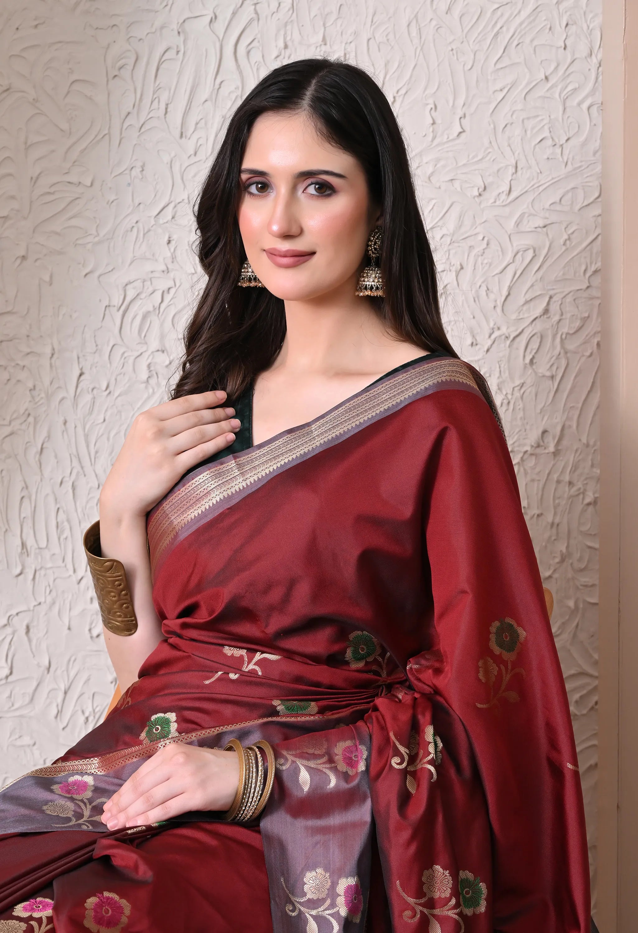 Maroon and Grey Silk Blend Floral Saree