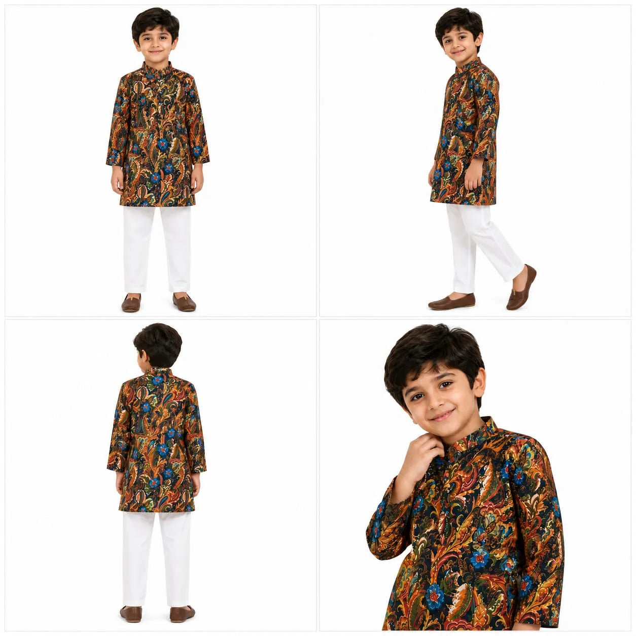 Boys Multicolor Kalamkari Print Pure Cotton Kurta with Pyjamas