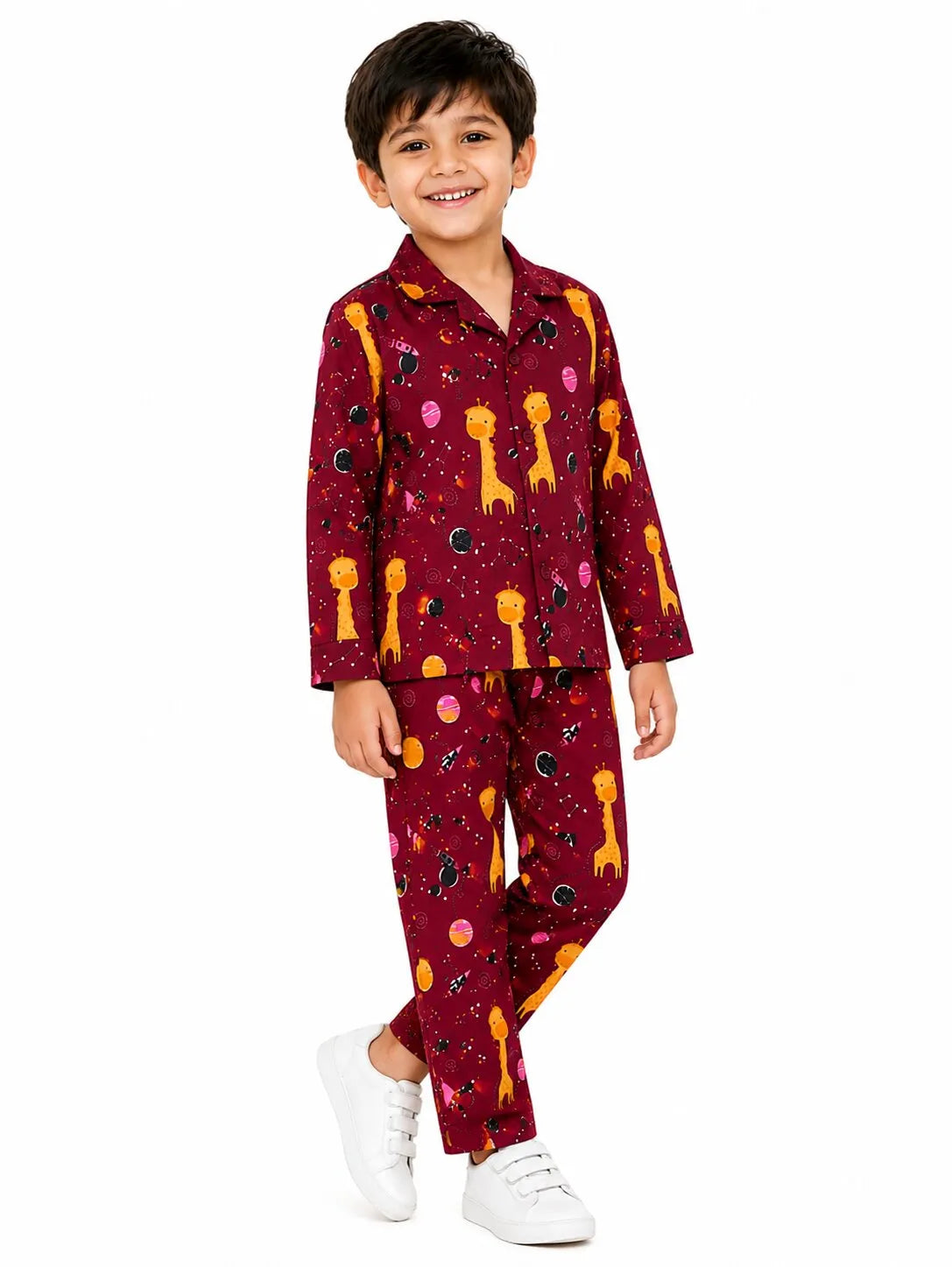 Kids Boys Maroon & Yellow Printed Pure Cotton Night Suit