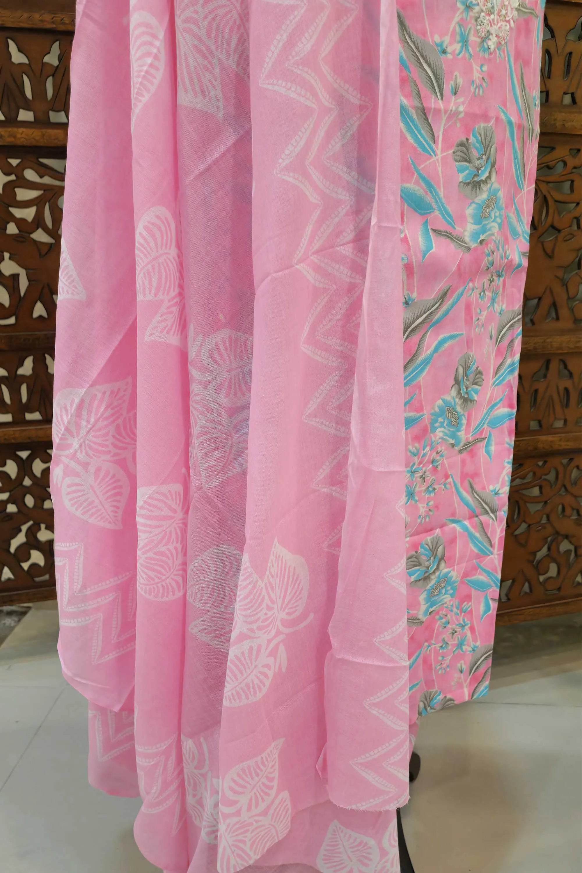 Women Pink & Blue Floral Printed Pure Cotton Unstitched Dress Material with Embroidered Neckline