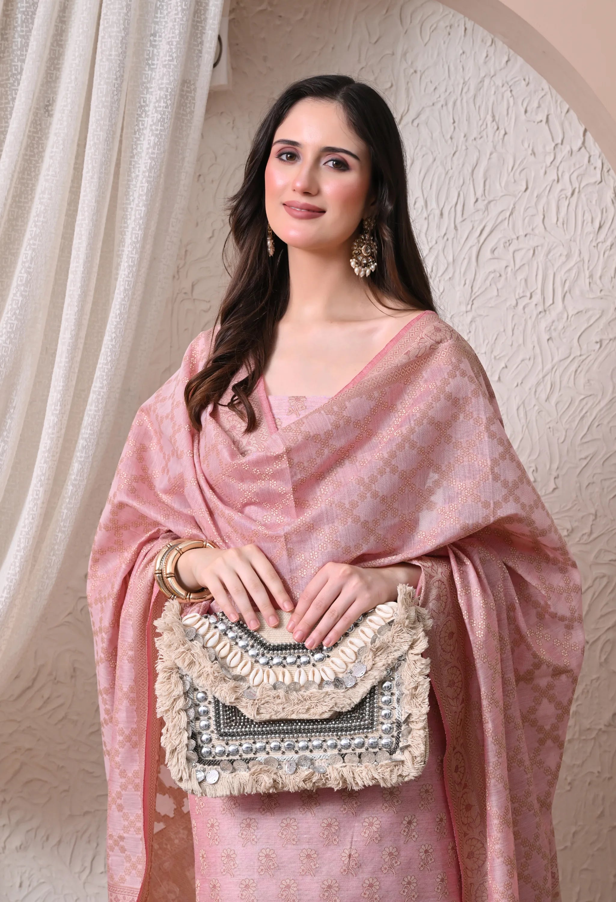 Elegant Onion Pink and Gold Woven Silk Unstitched Salwar Suit Material with Banarasi Style Dupatta