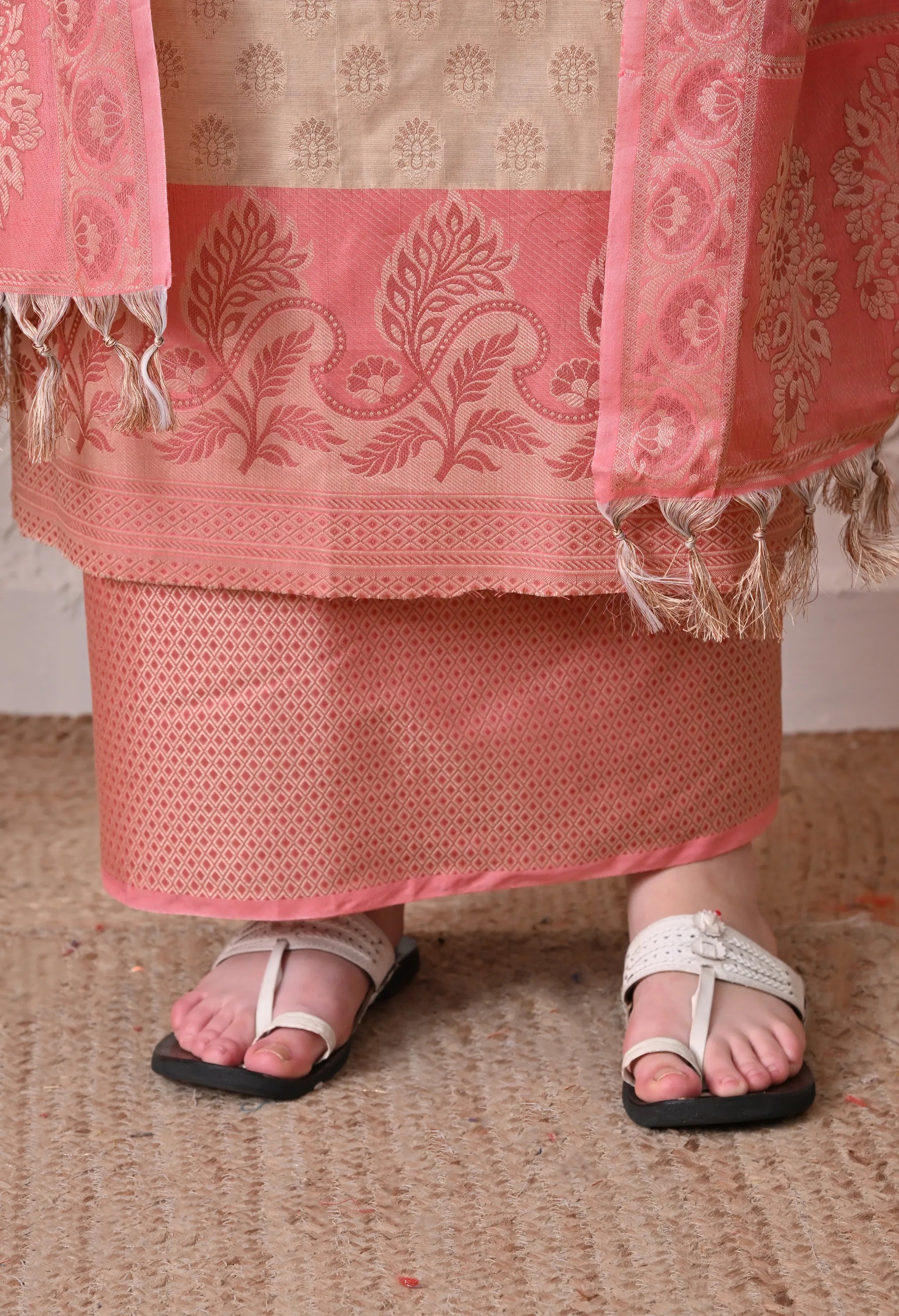 Elegant Beige and Pink Woven Silk Unstitched Salwar Suit Material with Banarasi Style Dupatta