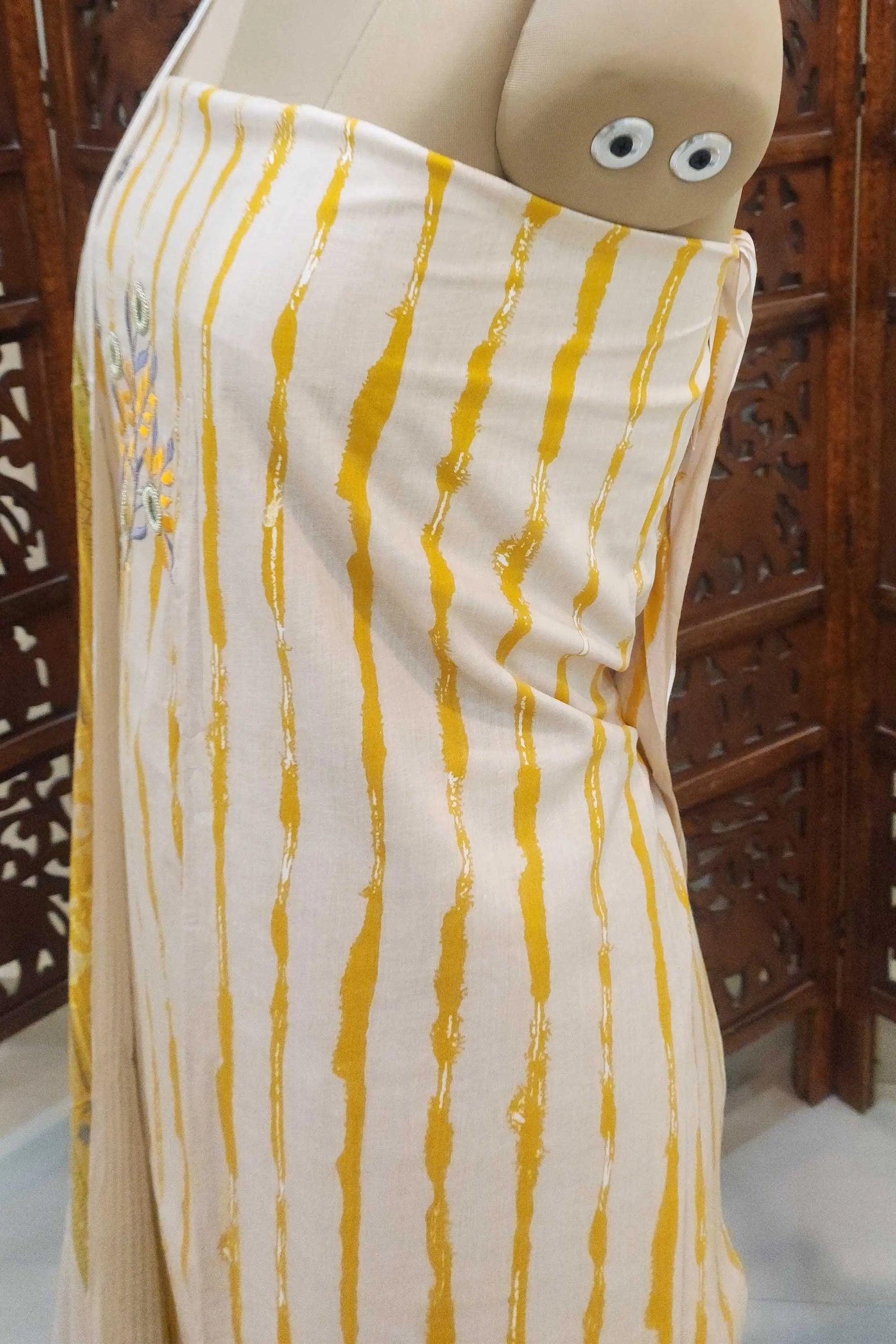 Women Off-White & Yellow Printed Unstitched Dress Material with Mirror Work