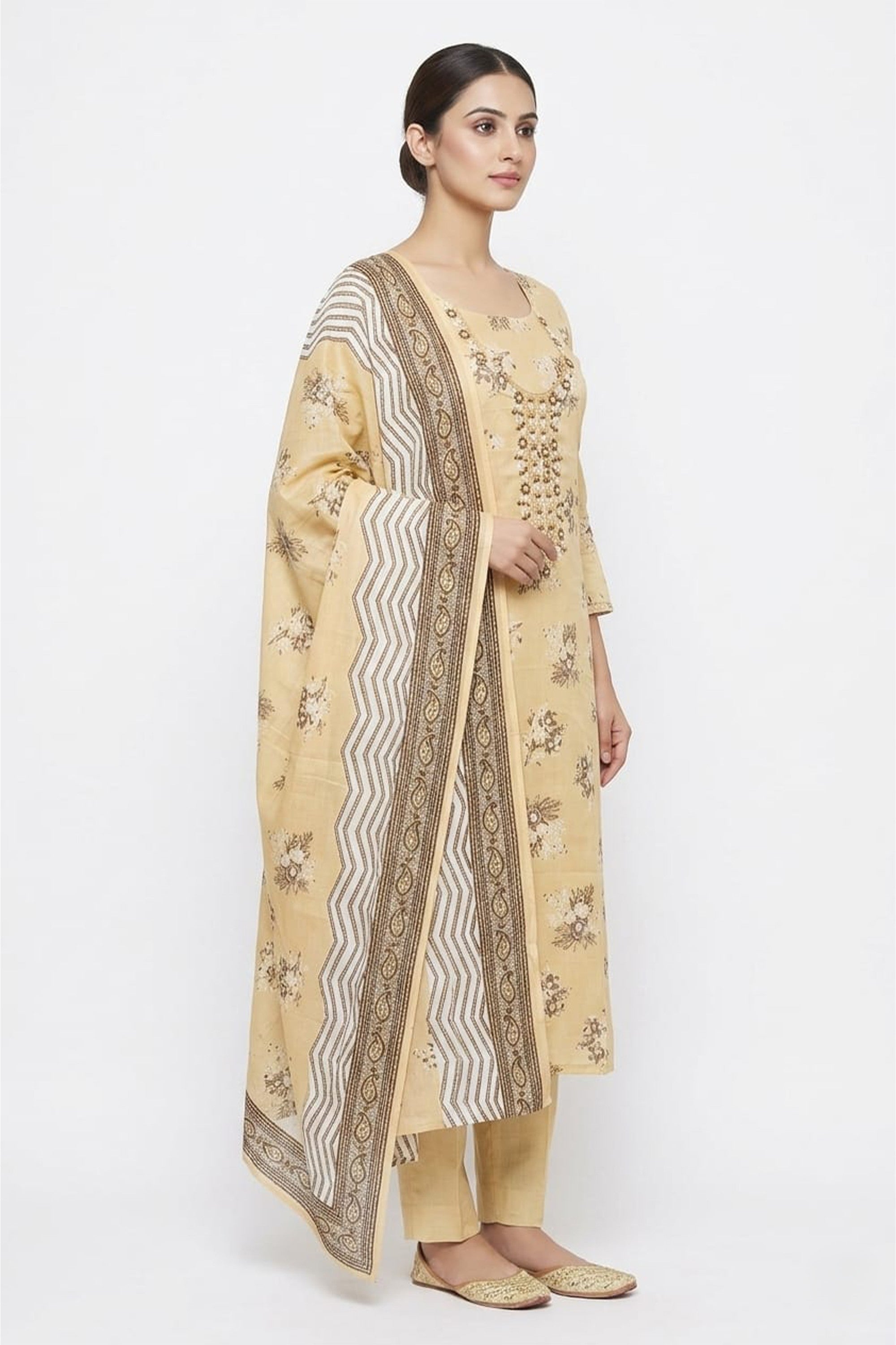 Women's Light Yellow  Floral Printed Cotton Unstitched Suit Set
