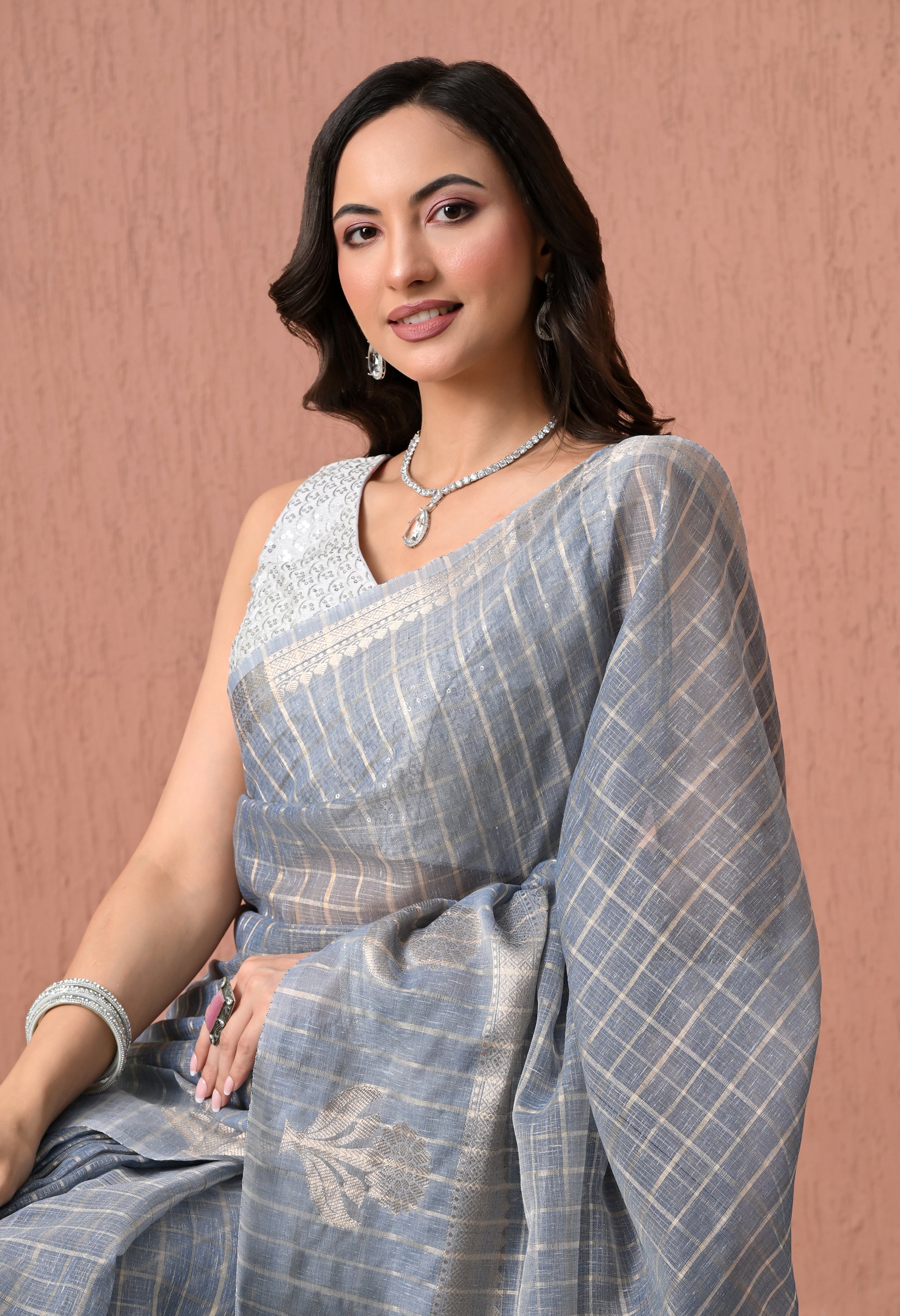 Elegant Steel Grey Cotton Checked Saree with Silver Zari Details