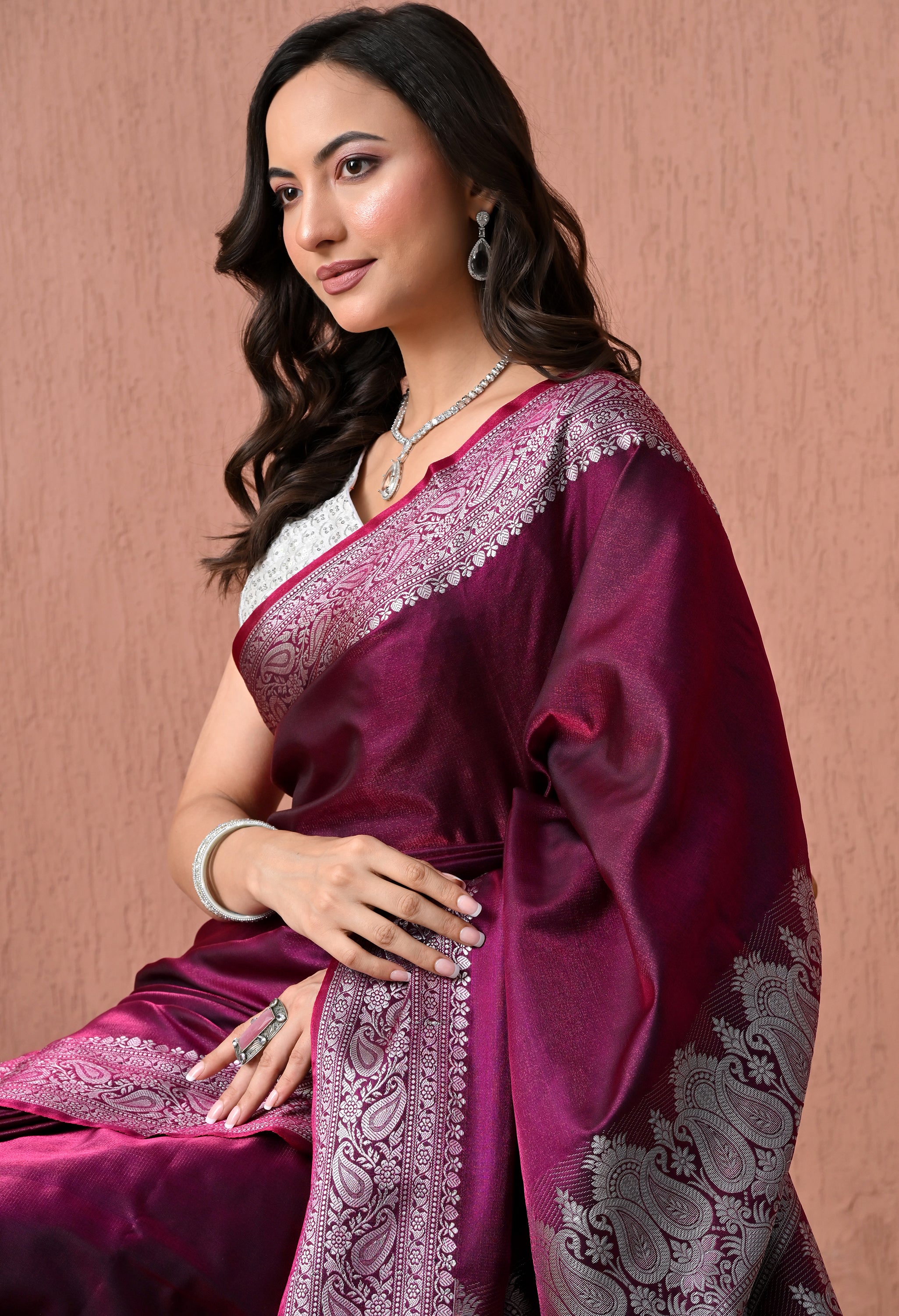 Exquisite Purple Pure Silk Banarasi Saree with Silver Zari Paisley Borders