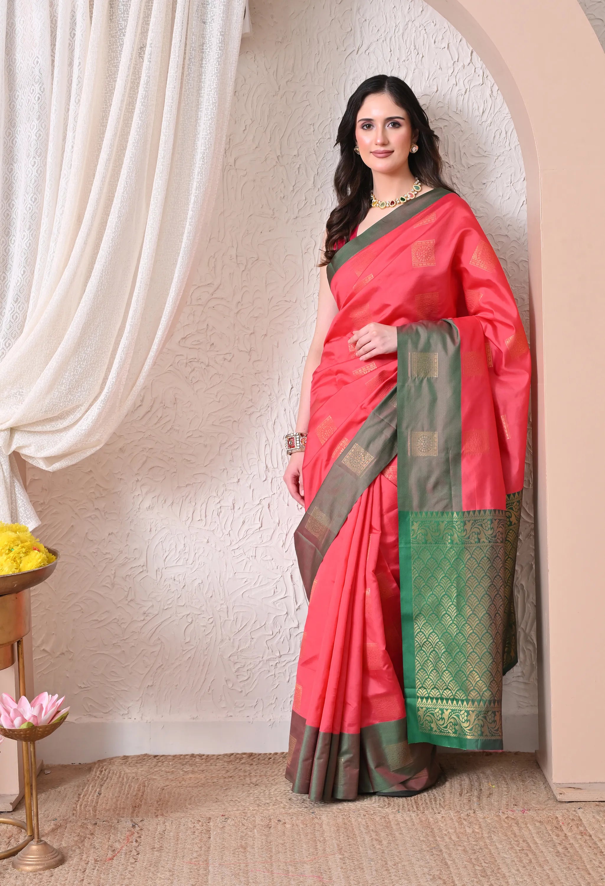Silk Blend Saree in Coral Pink & Deep Olive