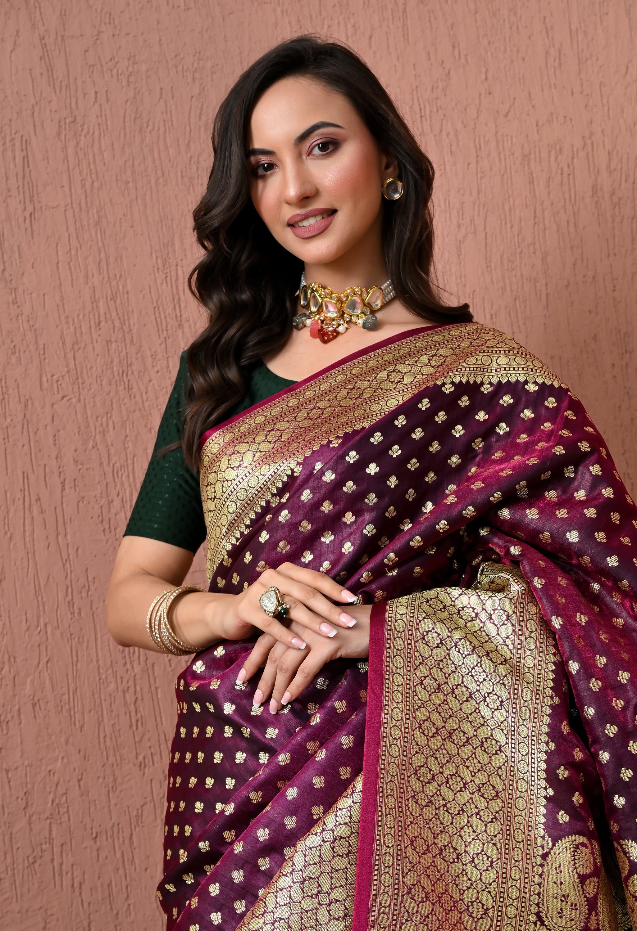 Pure Silk Banarasi Saree in Magenta-Purple with Intricate Gold Zari