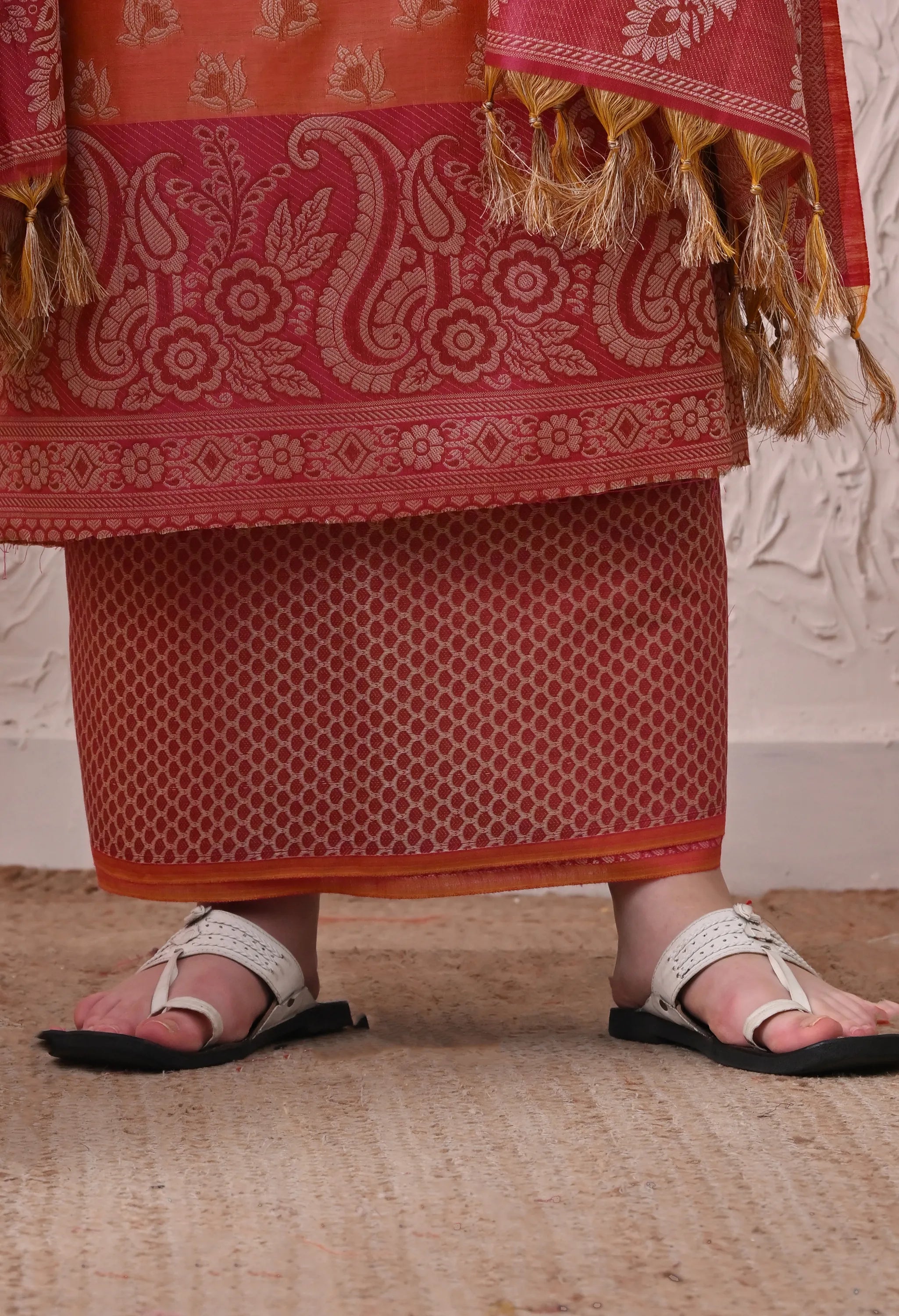 Elegant Peach and Magenta Woven Silk Unstitched Salwar Suit Material with Banarasi Style Dupatta