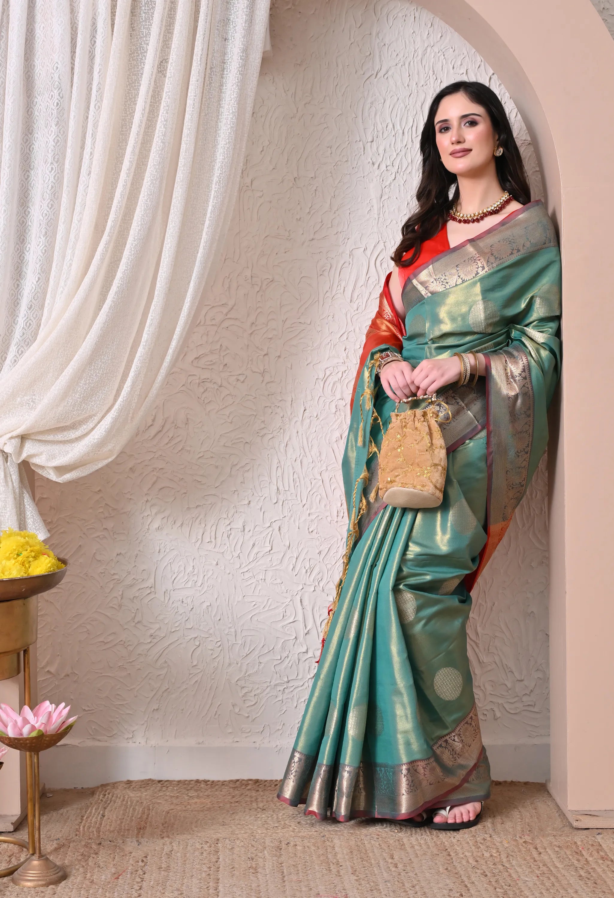 Silk Blend Saree in Seafoam Green & Coral Red