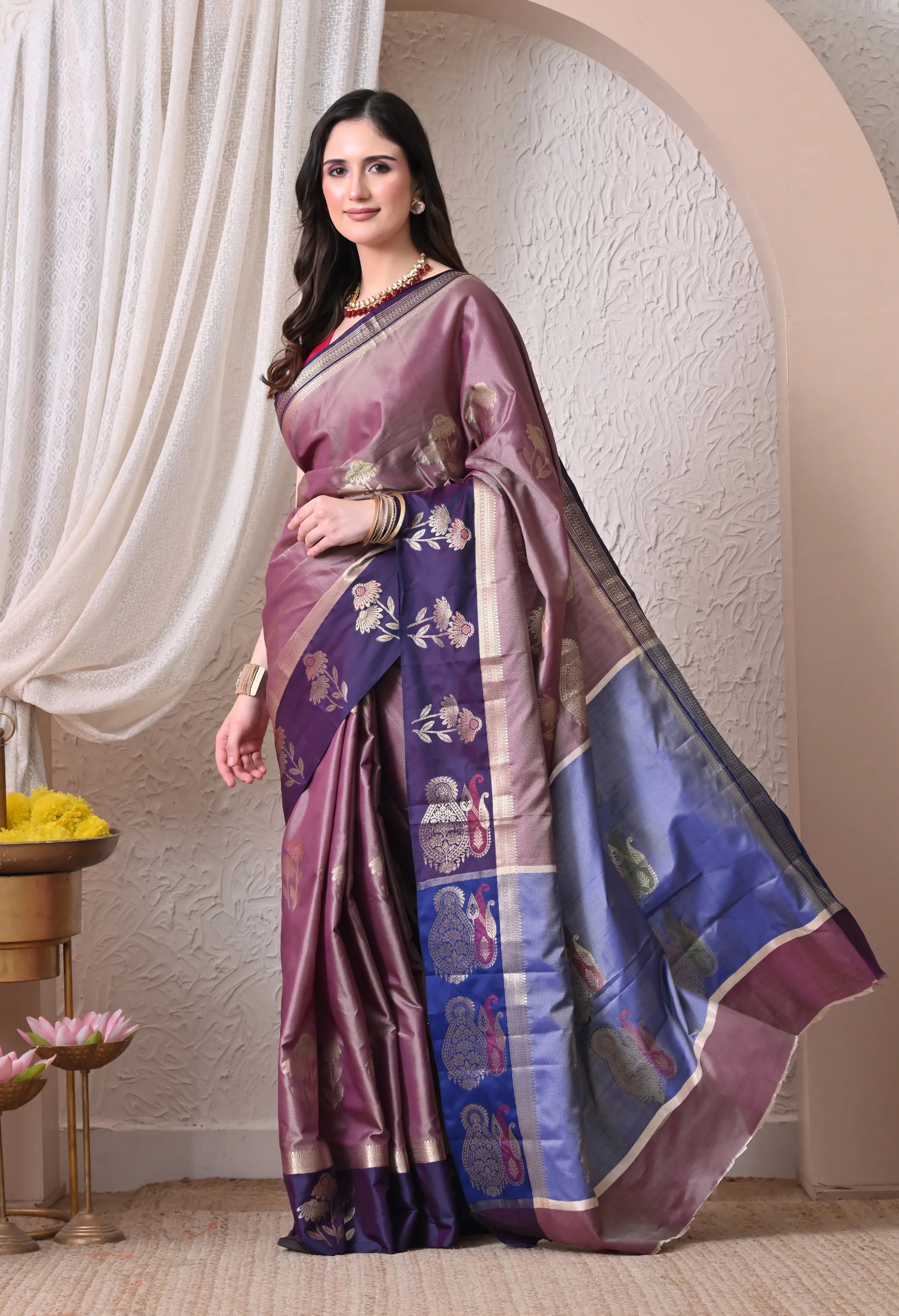 Elegant Mauve and Deep Purple Silk Blend Saree with Traditional Zari Motifs