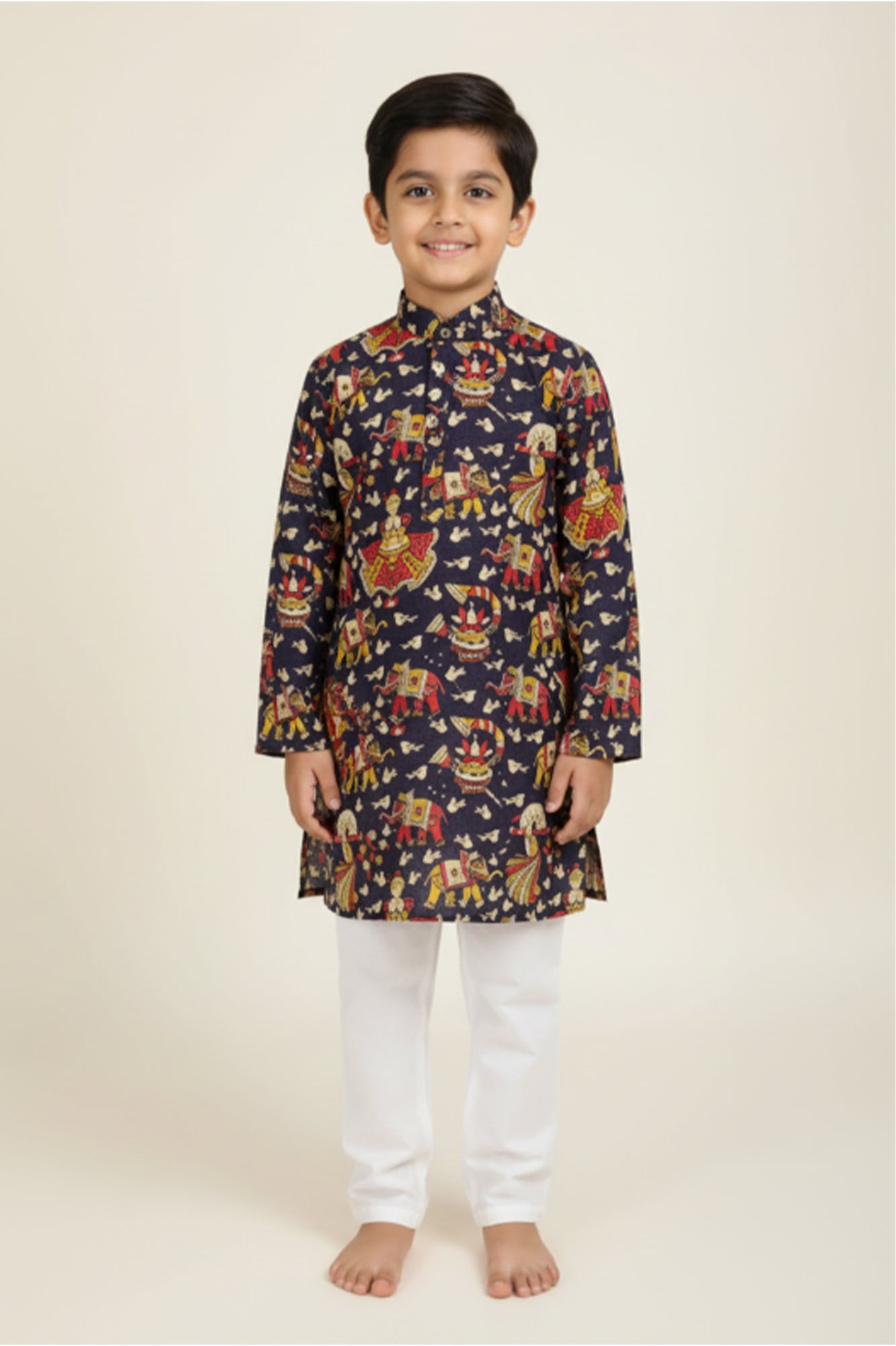 Boys' Cotton Print Kurta with White Pajama Set | Ethnic Wear for Festivals, Weddings & Parties