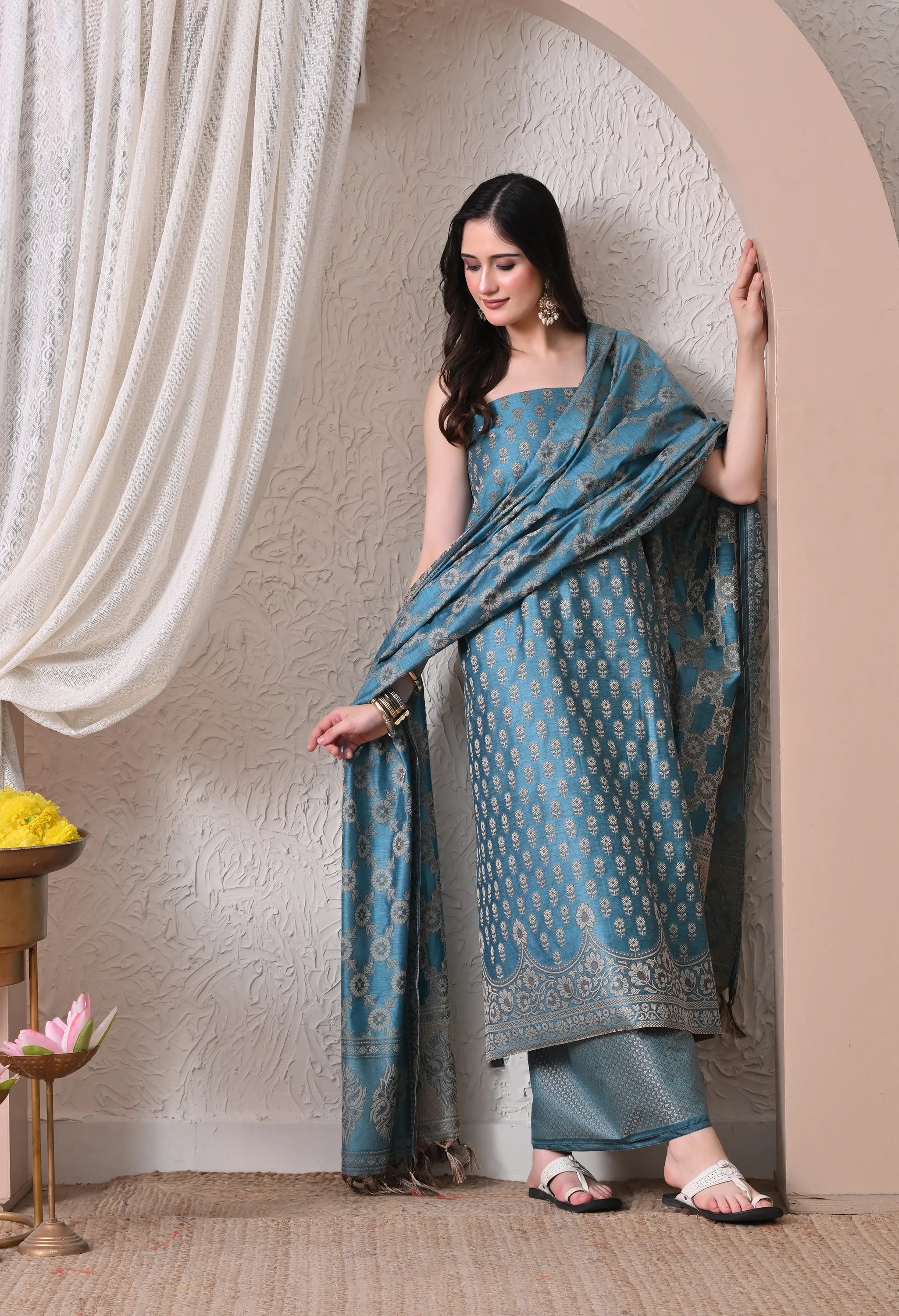 Elegant Teal Blue and Gold Woven Silk Unstitched Salwar Suit Material with Banarasi Style Dupatta