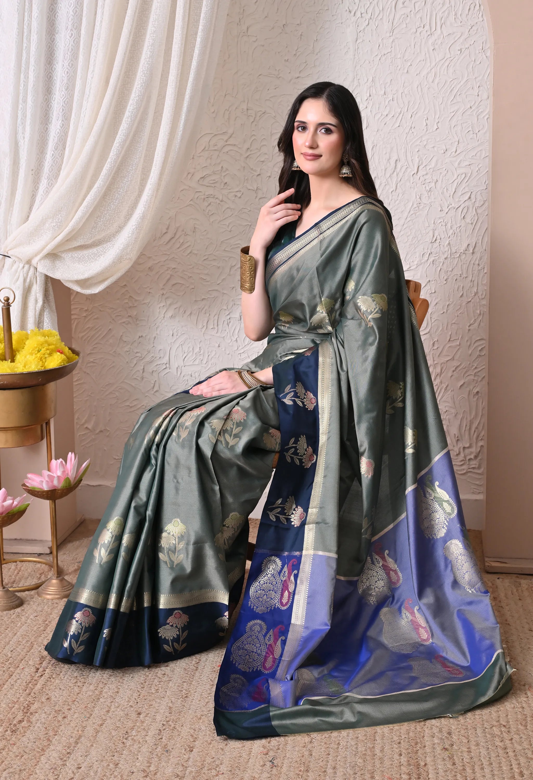 Contemporary Olive Grey and Navy Blue Silk Blend Saree