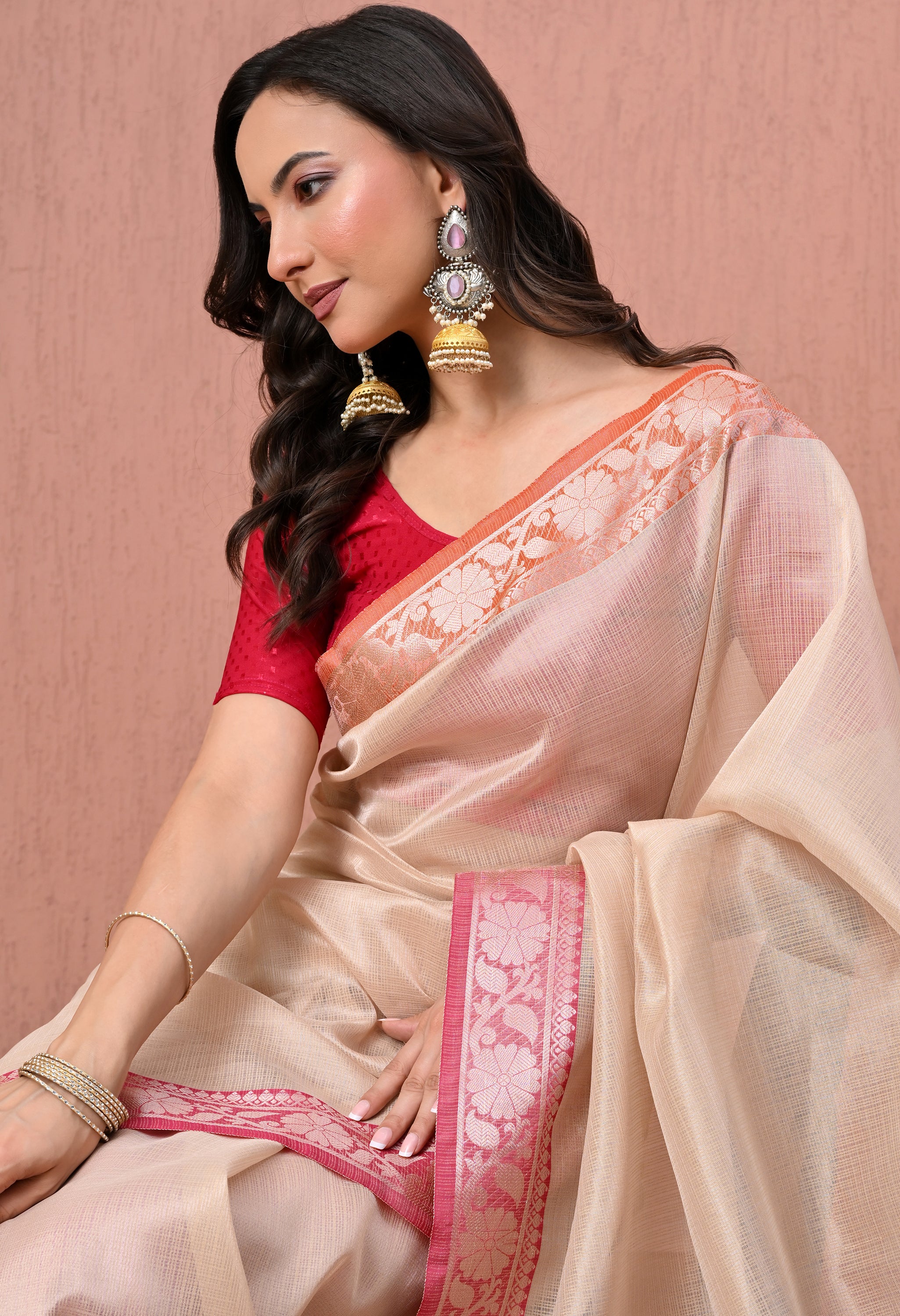 Pure Cotton Saree in Beige with Zari Border and Contrast Rani Pink Pallu