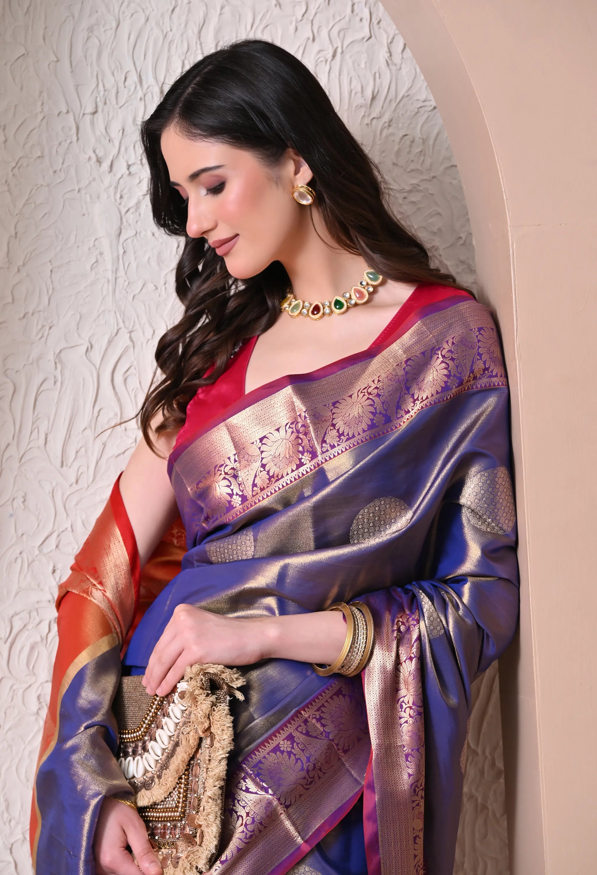 Regal Royal Blue Silk Blend Saree with Contrast Border and Golden Zari Details