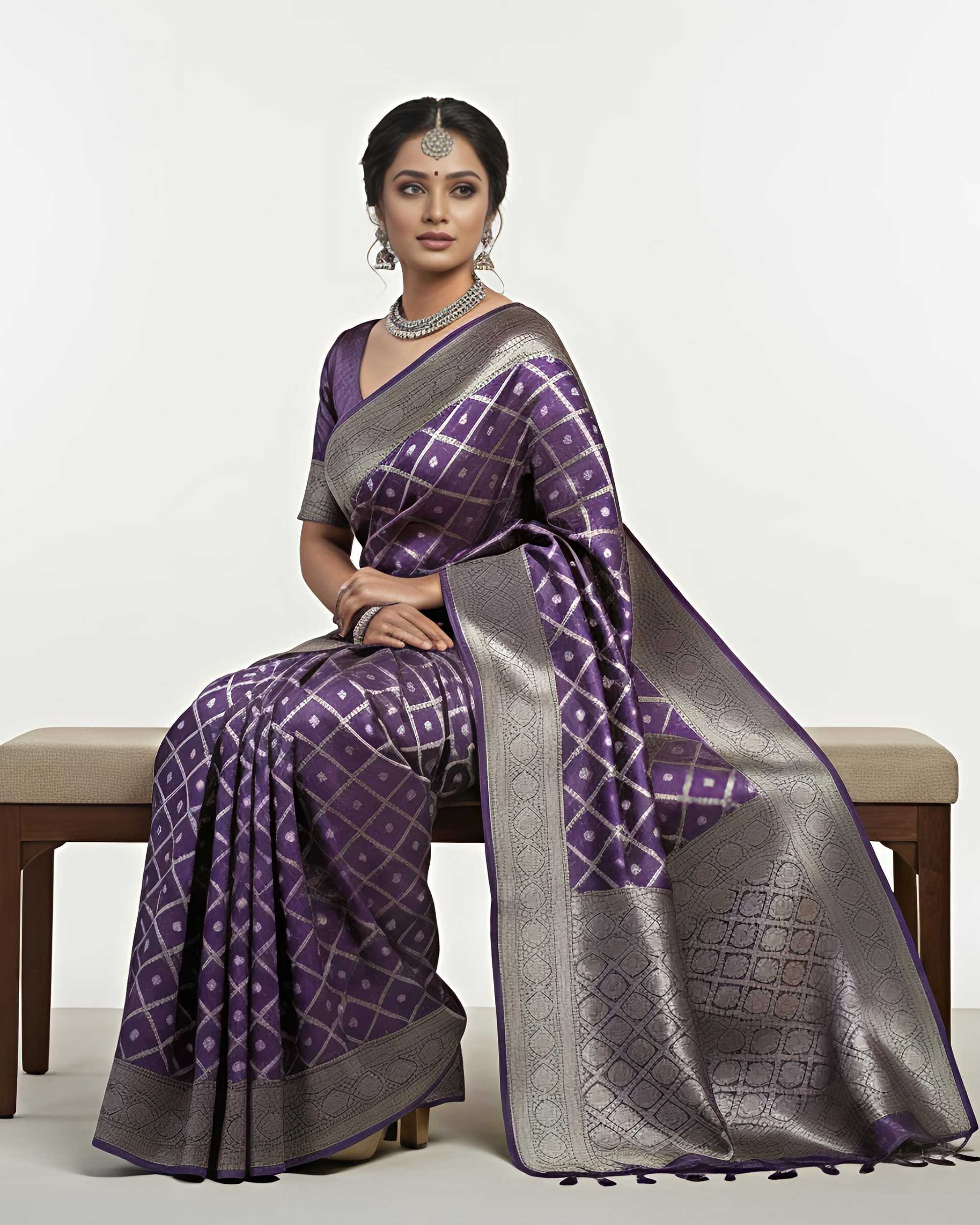 Women Purple & Silver-Toned Woven Design Zari Banarasi Silk Blend Saree