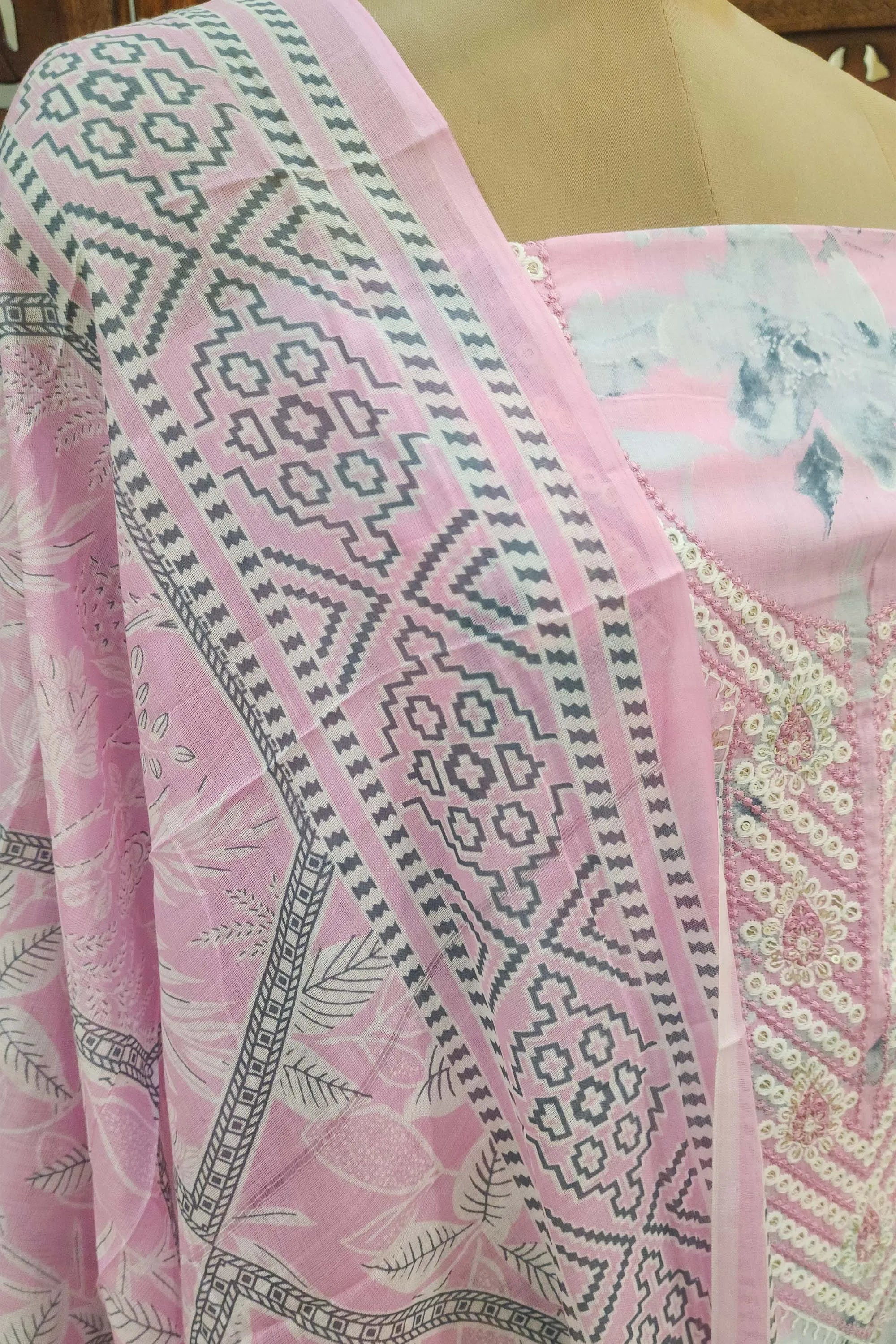 Lavender & Grey Floral Printed Cotton Unstitched Dress Material with Sequinned Embroidery