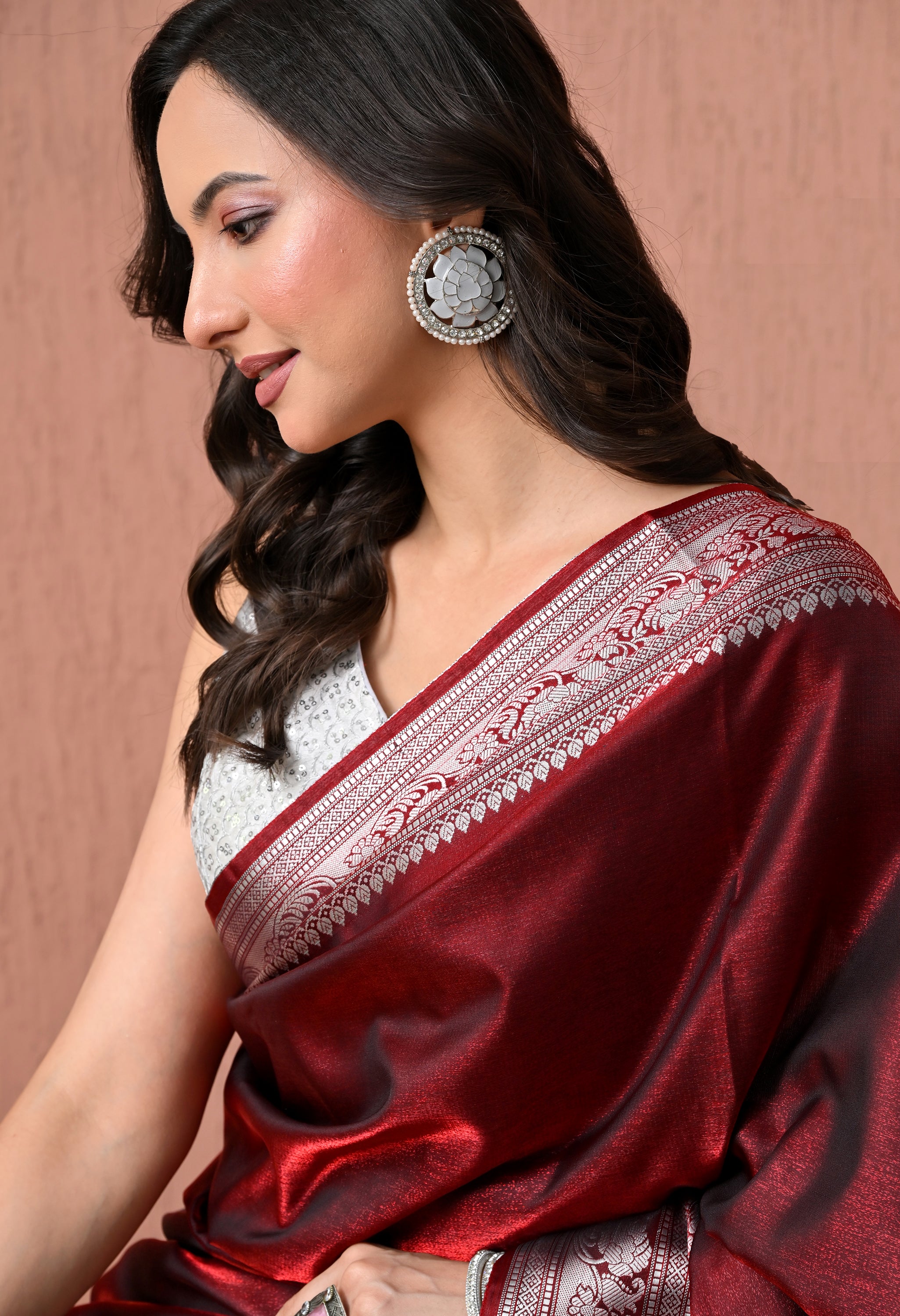 Maroon Pure Silk Banarasi Saree with Ornate Silver Zari Border