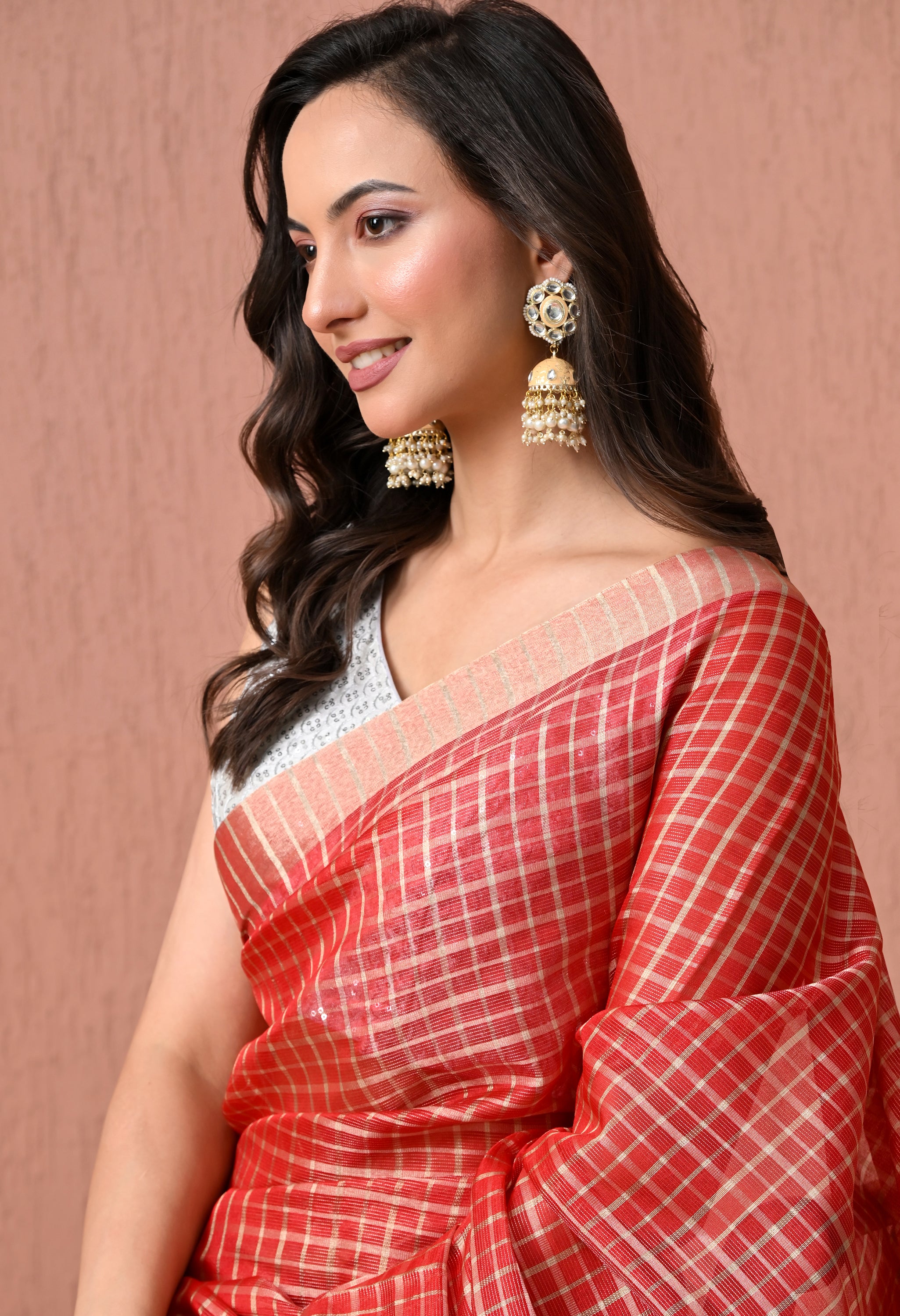 Pure Cotton Checked Saree in Vibrant Red with Zari Border