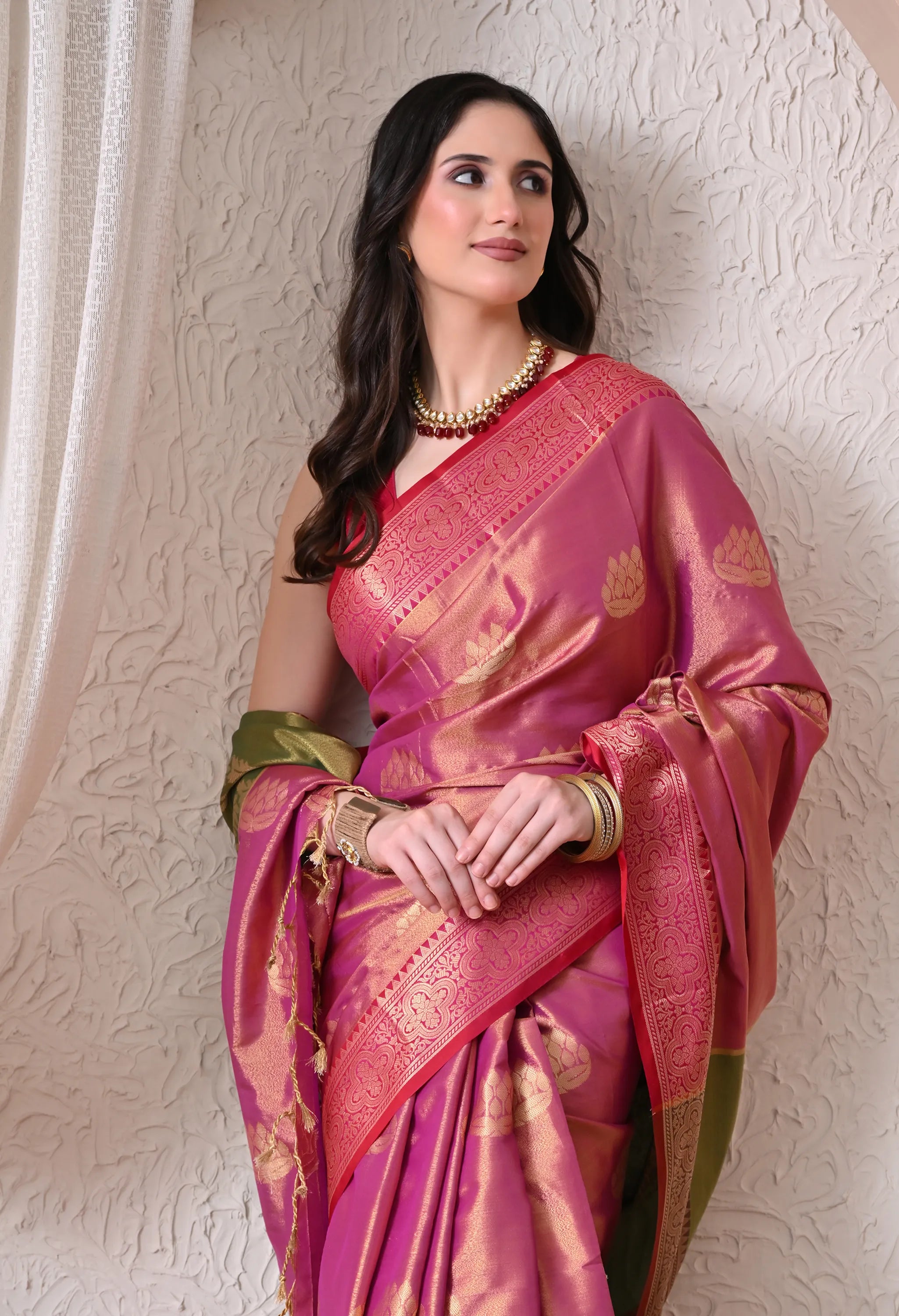 Rani Pink Silk Blend Saree with Gold Lotus Motifs and Contrast Olive Pallu