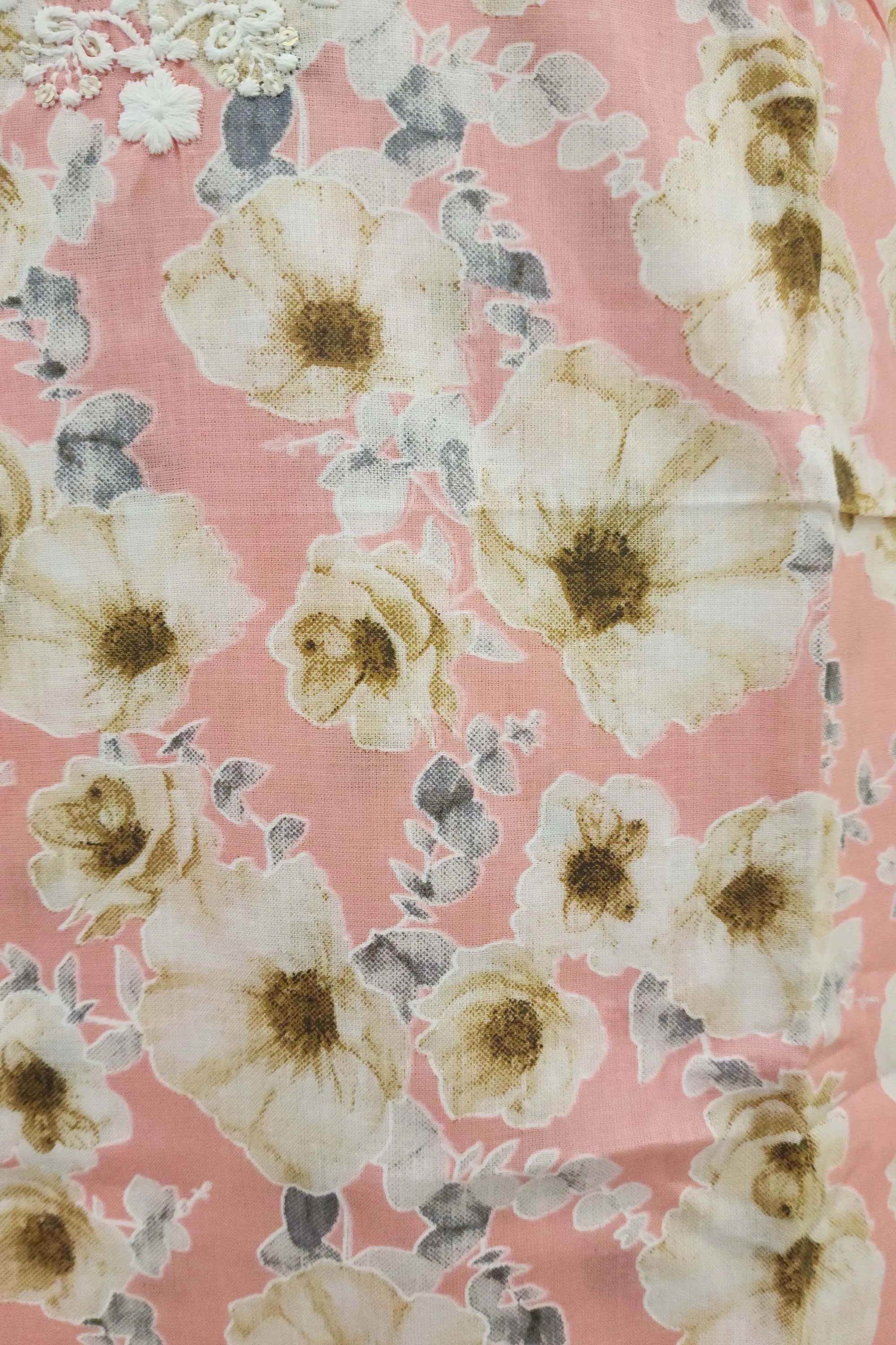 Women Peach-Colored & White Floral Printed Unstitched Cotton Dress Material with Embroidered Neckline