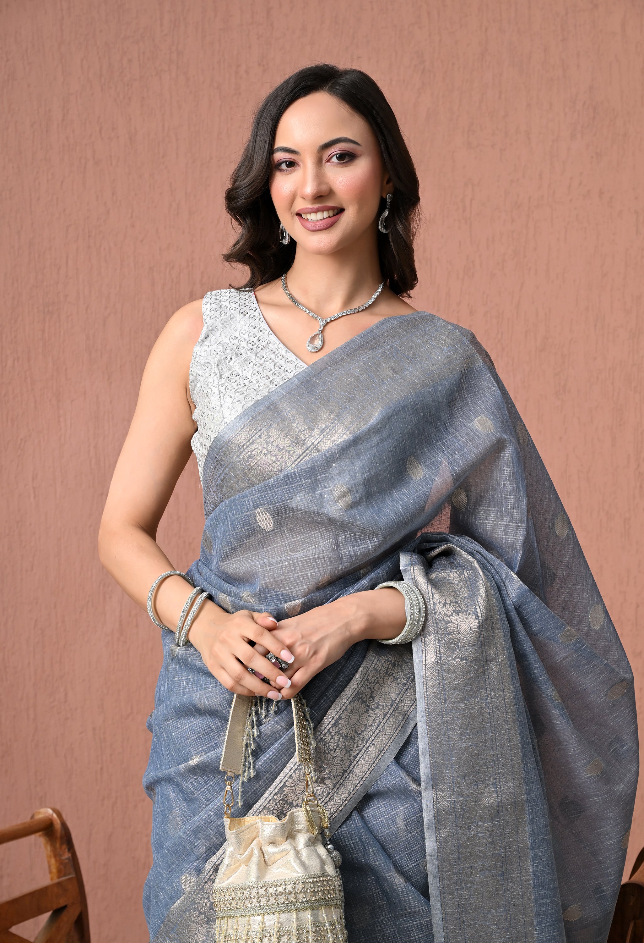 Elegant Steel Blue Cotton Saree with Silver Zari Border