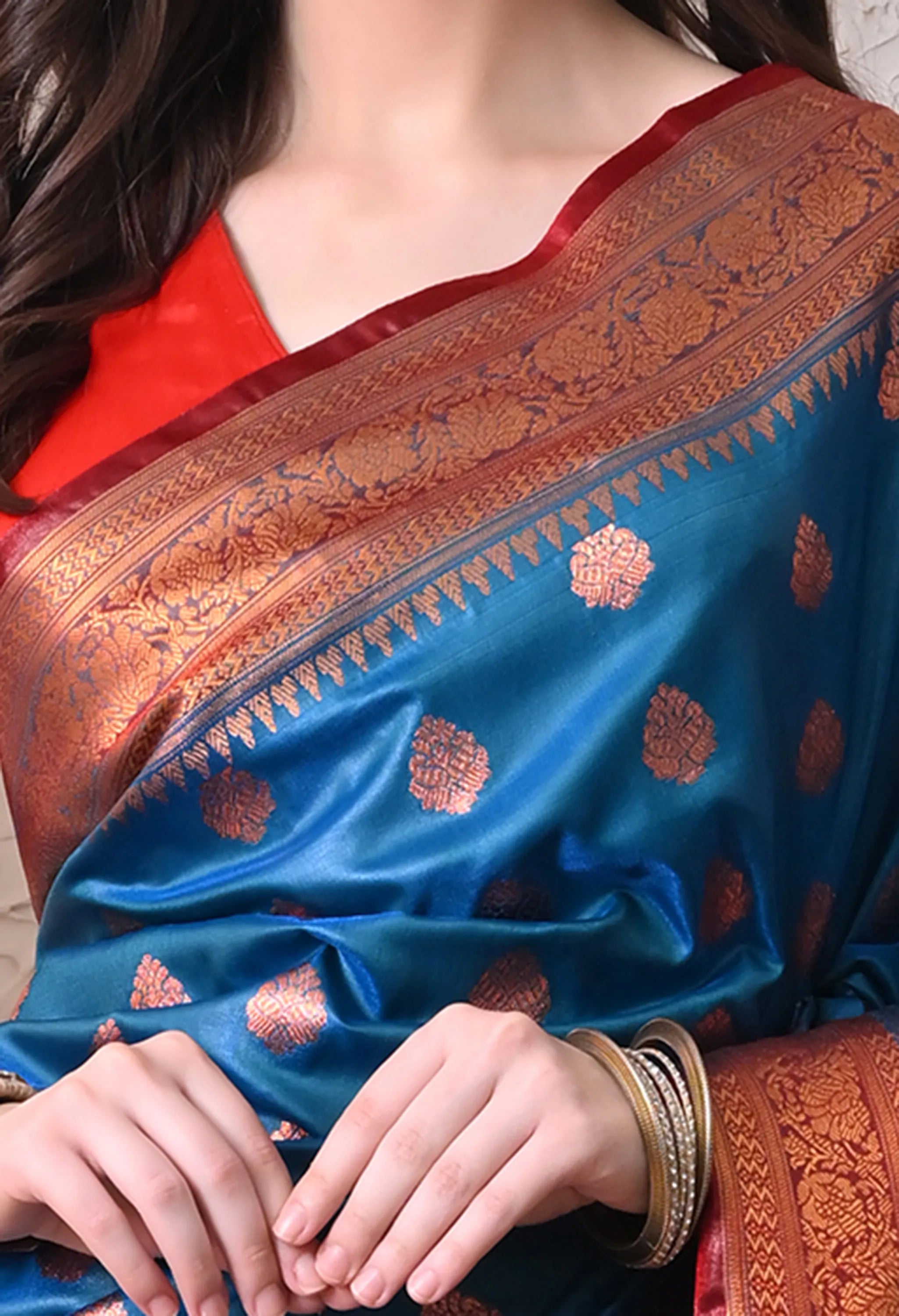 Silk Blend Saree in Peacock Blue & Crimson Red
