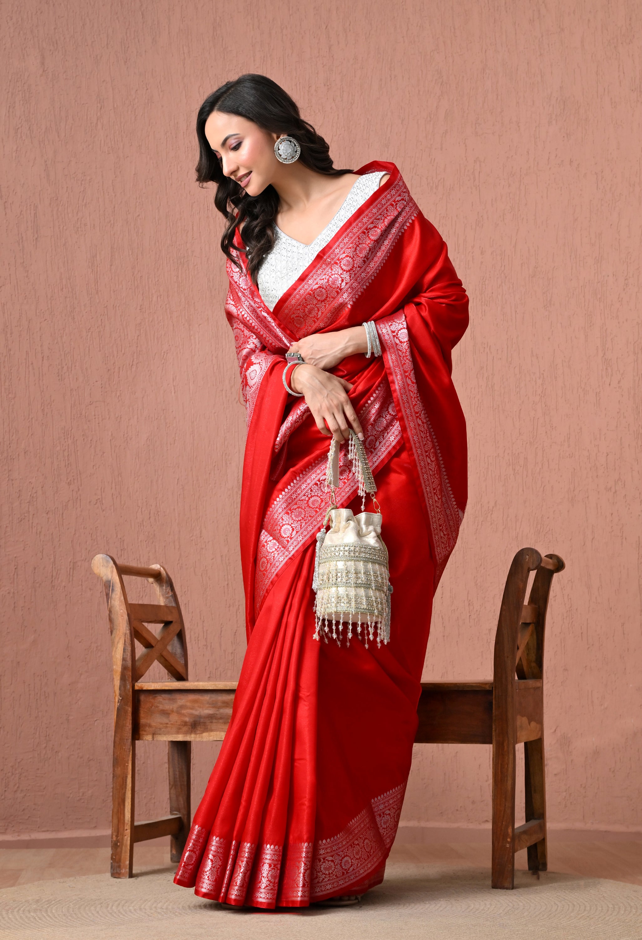 Radiant Crimson Red Pure Silk Banarasi Saree with Ornate Silver Zari Pallu