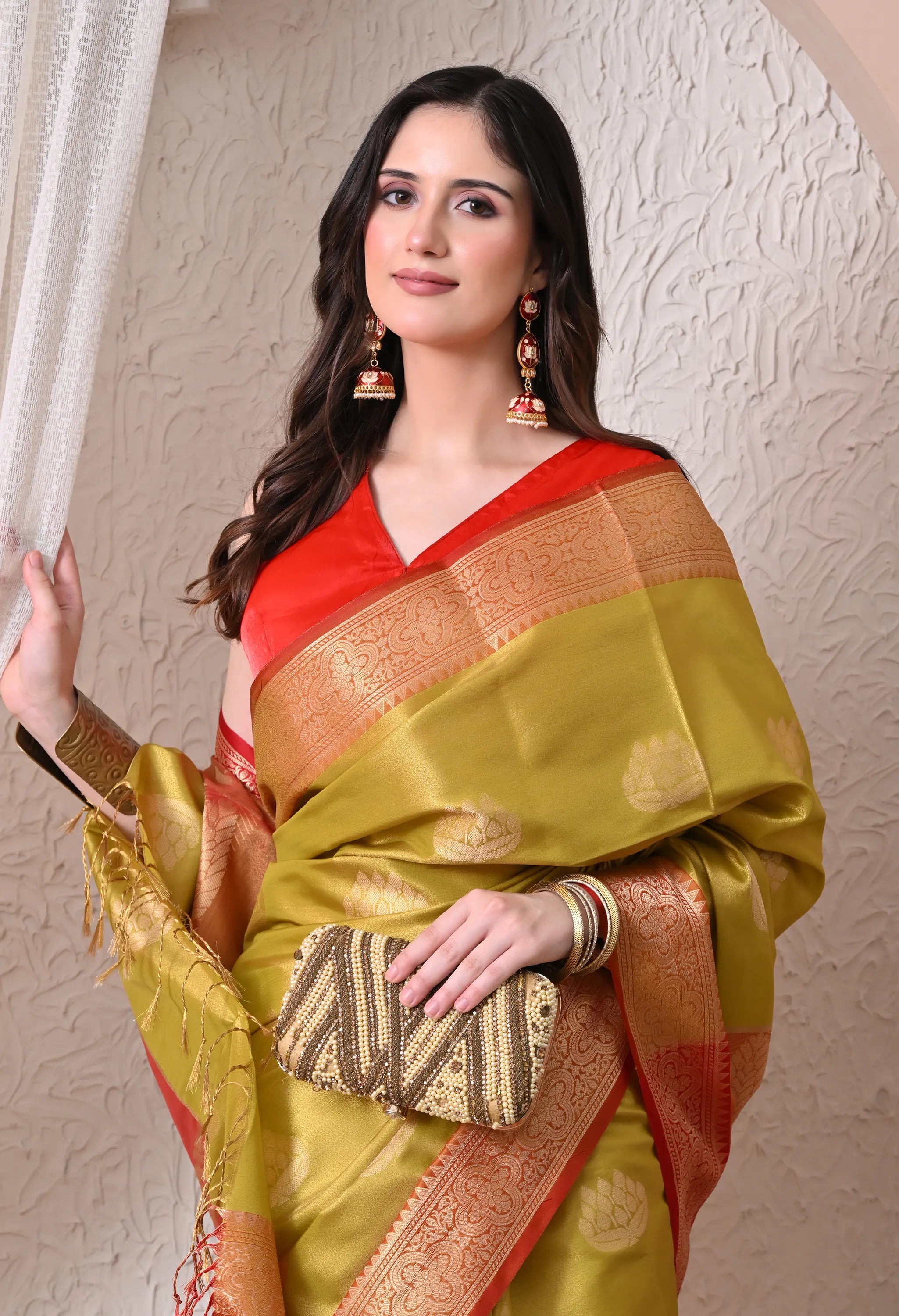 Elegant Olive Green and Crimson Silk Blend Kanjivaram Style Saree