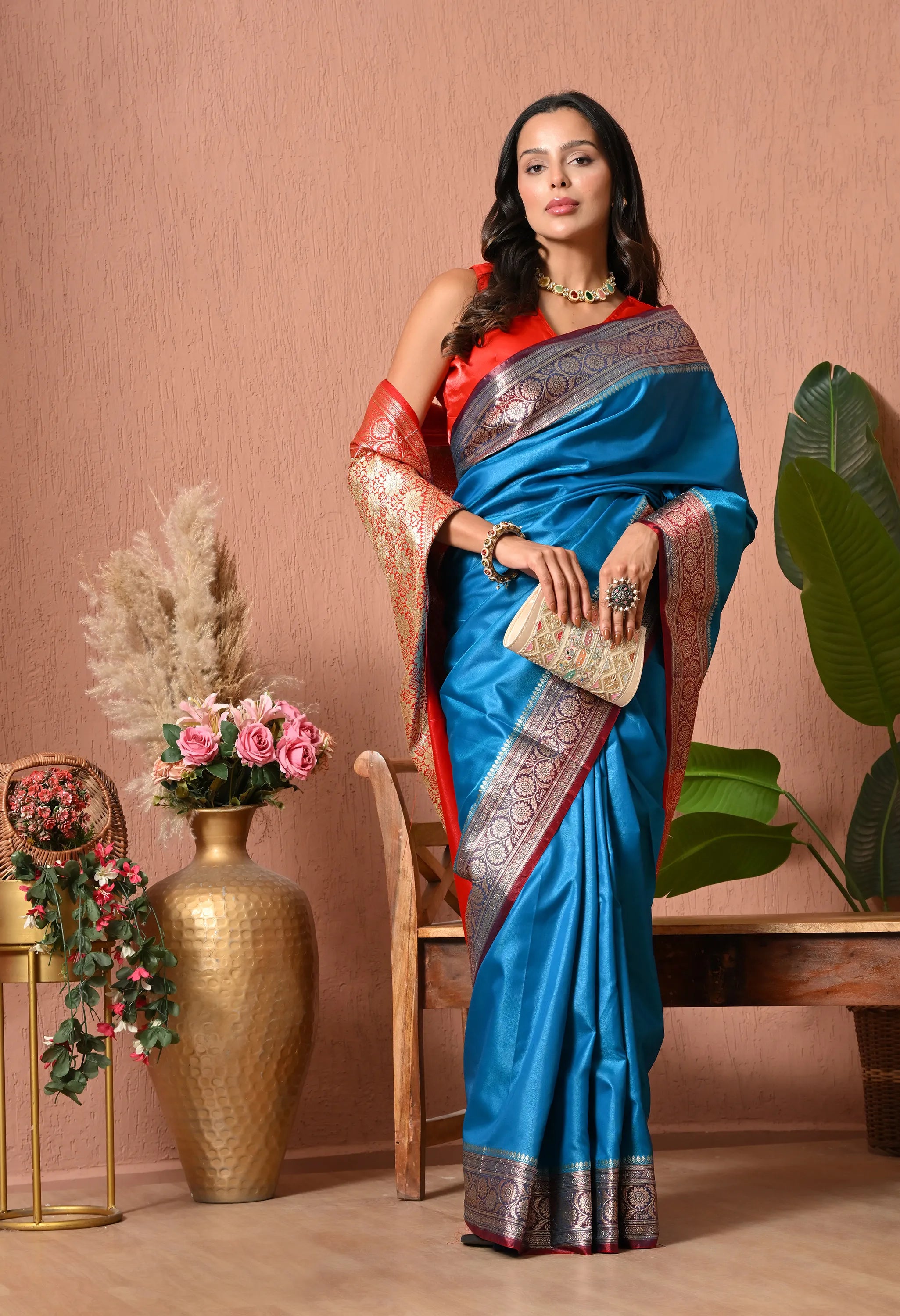 Regal Blue and Red Banarasi Style Silk Blend Saree