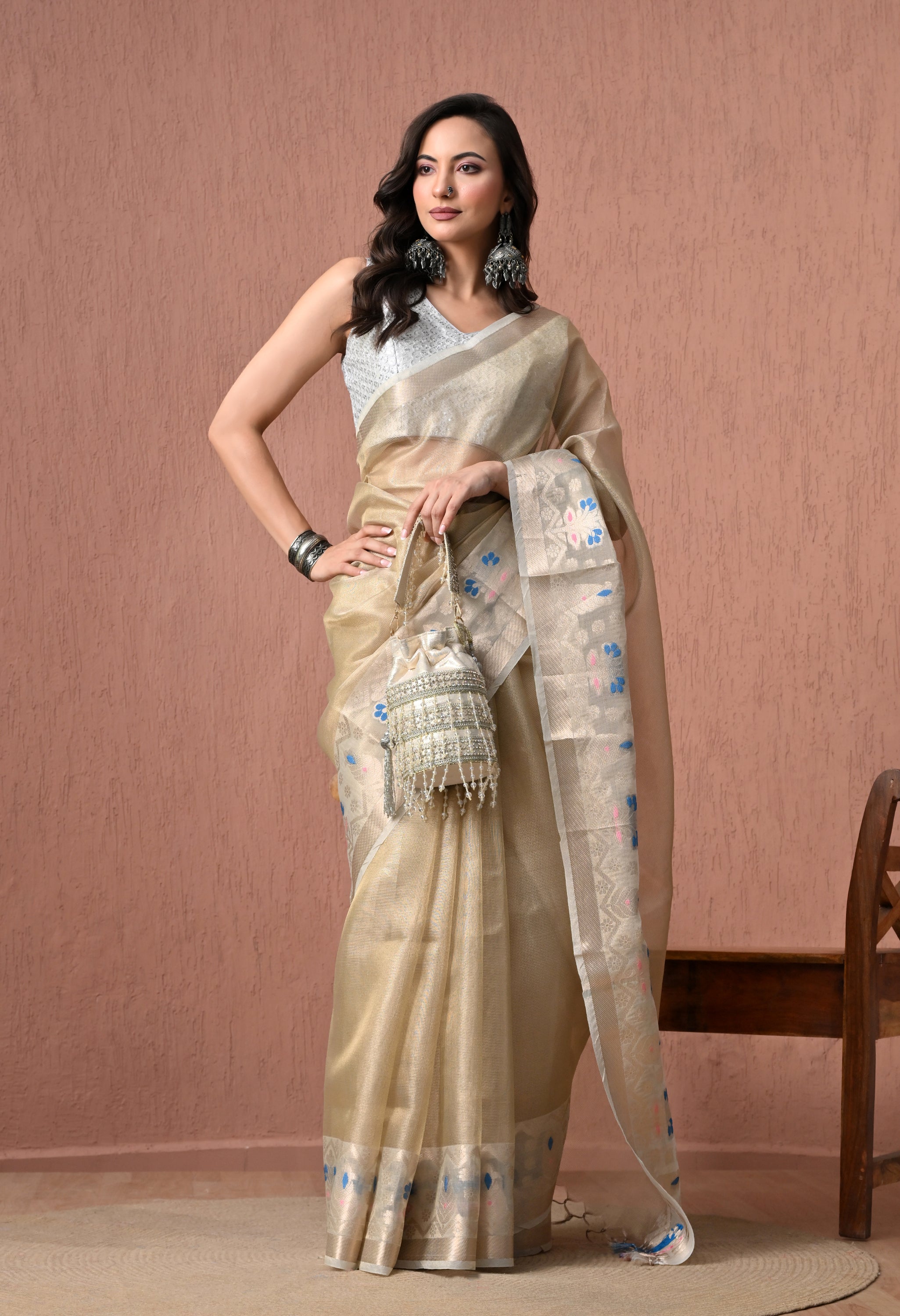 Pure Cotton Saree in Light Golden-Cream with Resham and Silver Zari Jamdani Artistry