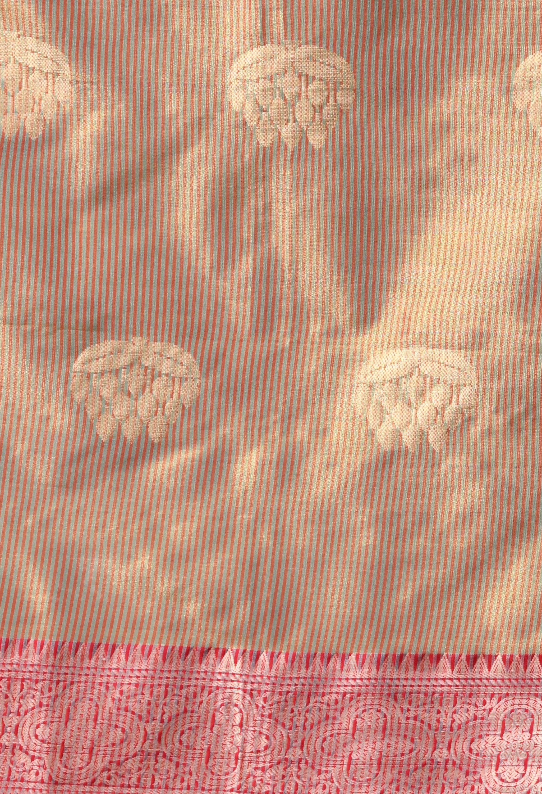 Pastel Sage Green & Rust Red Silk Blend Banarasi Saree with Lotus Butis