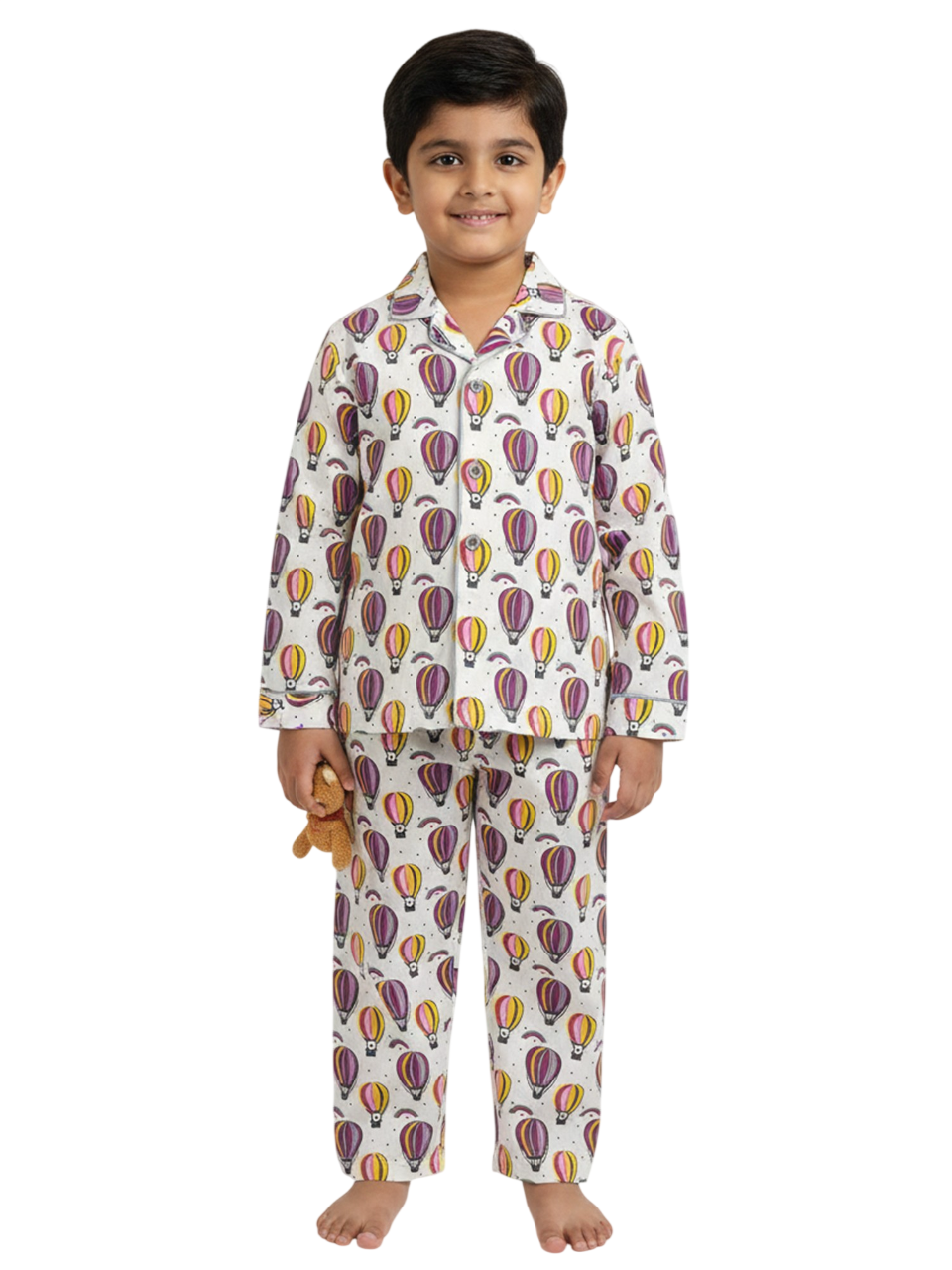 Kids Boys Full Sleeve Collared Pure Cotton Night Suit