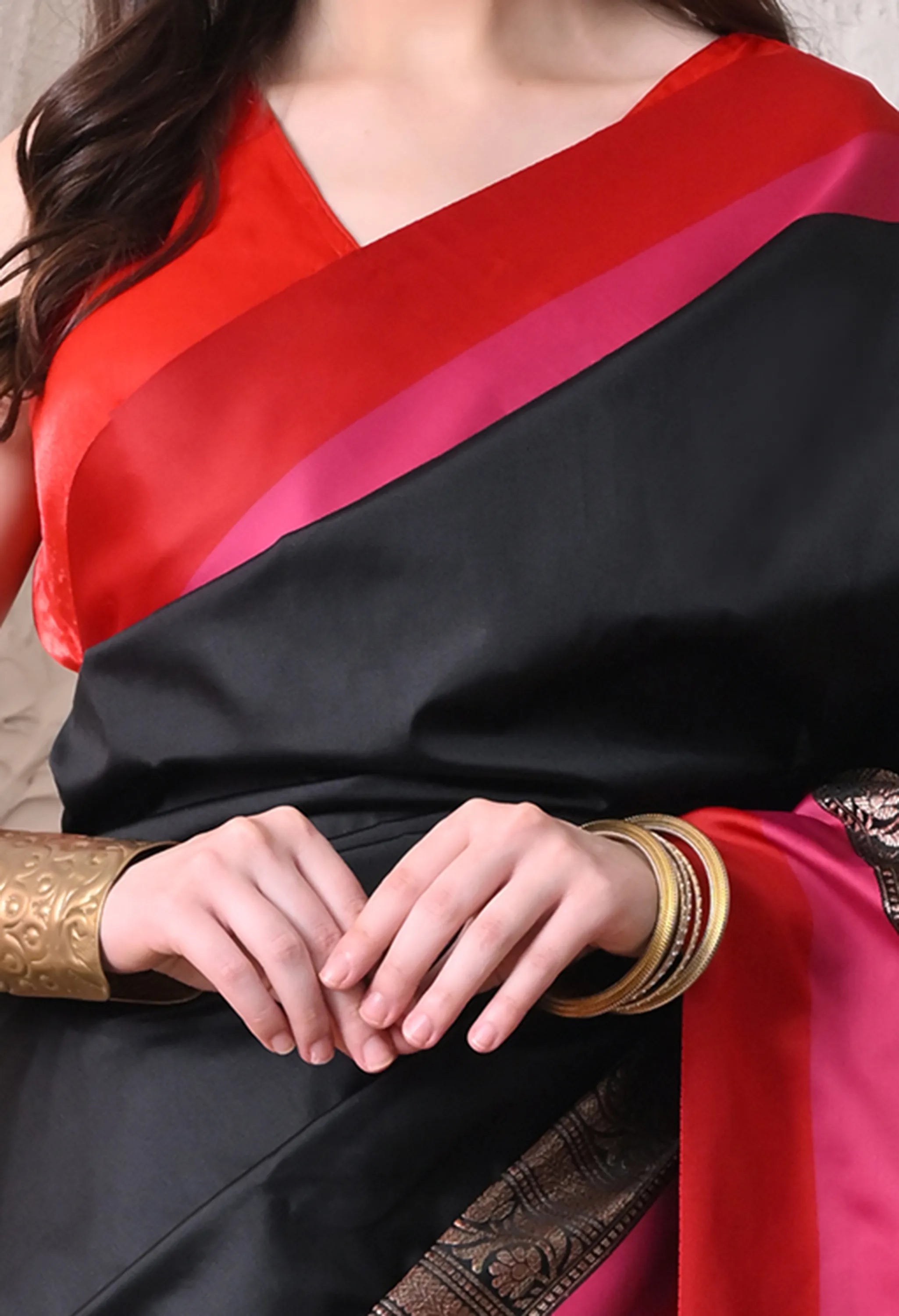 Midnight Black Silk Blend Saree with Multi-Toned Crimson and Pink Border