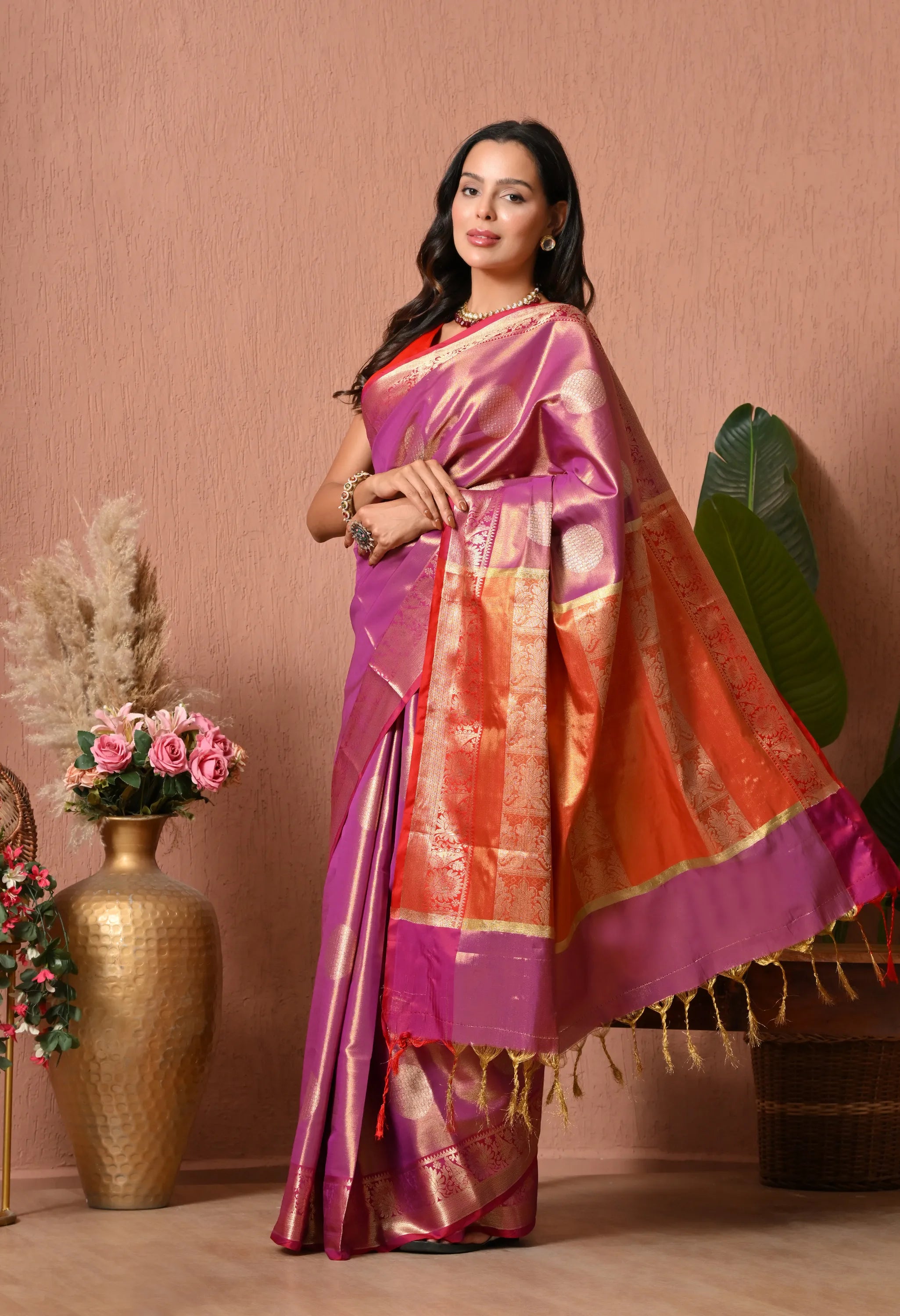 Orchid Mauve Silk Blend Saree with Multi-Colored Zari Pallu)