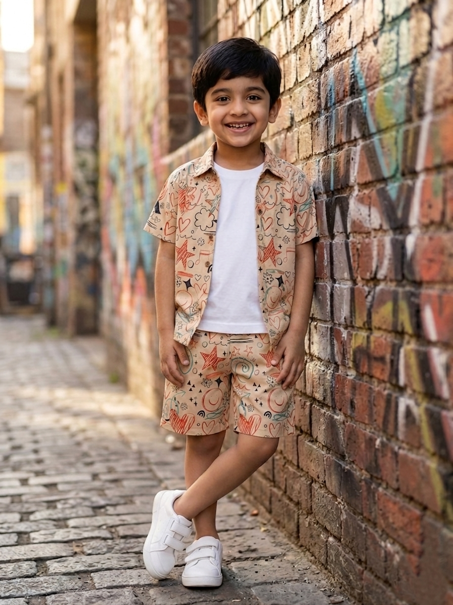 Boys' Whimsical Doodle Print Poly-Knit Baba Suit