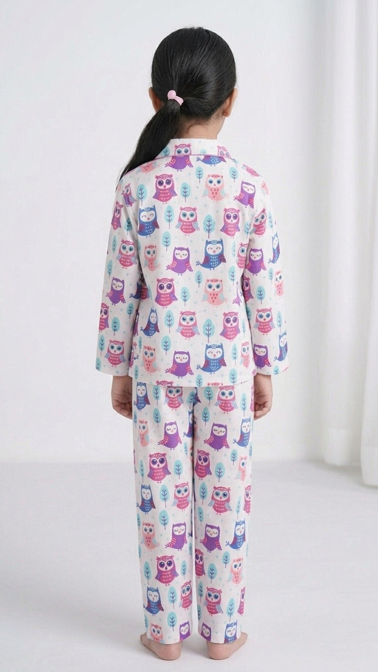 Kids' White & Purple Owl Print Pure Cotton Girls Night Suit