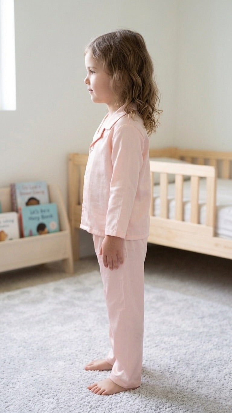 Kids' Peach Solid Satin Girls Night Suit