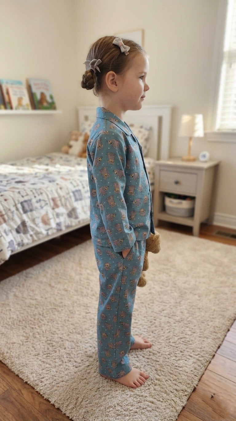 Teal Blue & Grey Hedgehog Print Pure Cotton Girls Night Suit