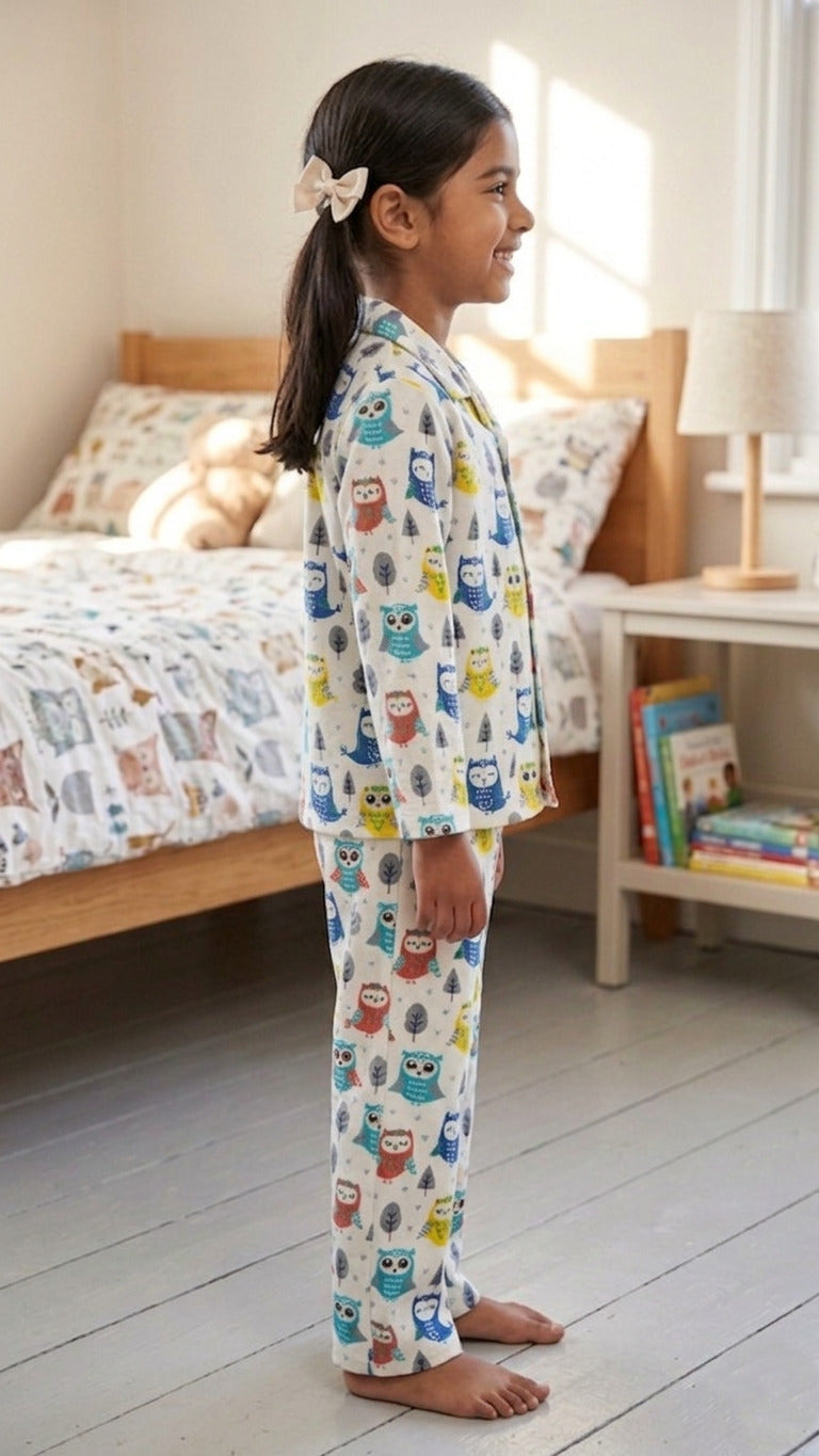 White & Blue Owl Print Pure Cotton Girls Night Suit