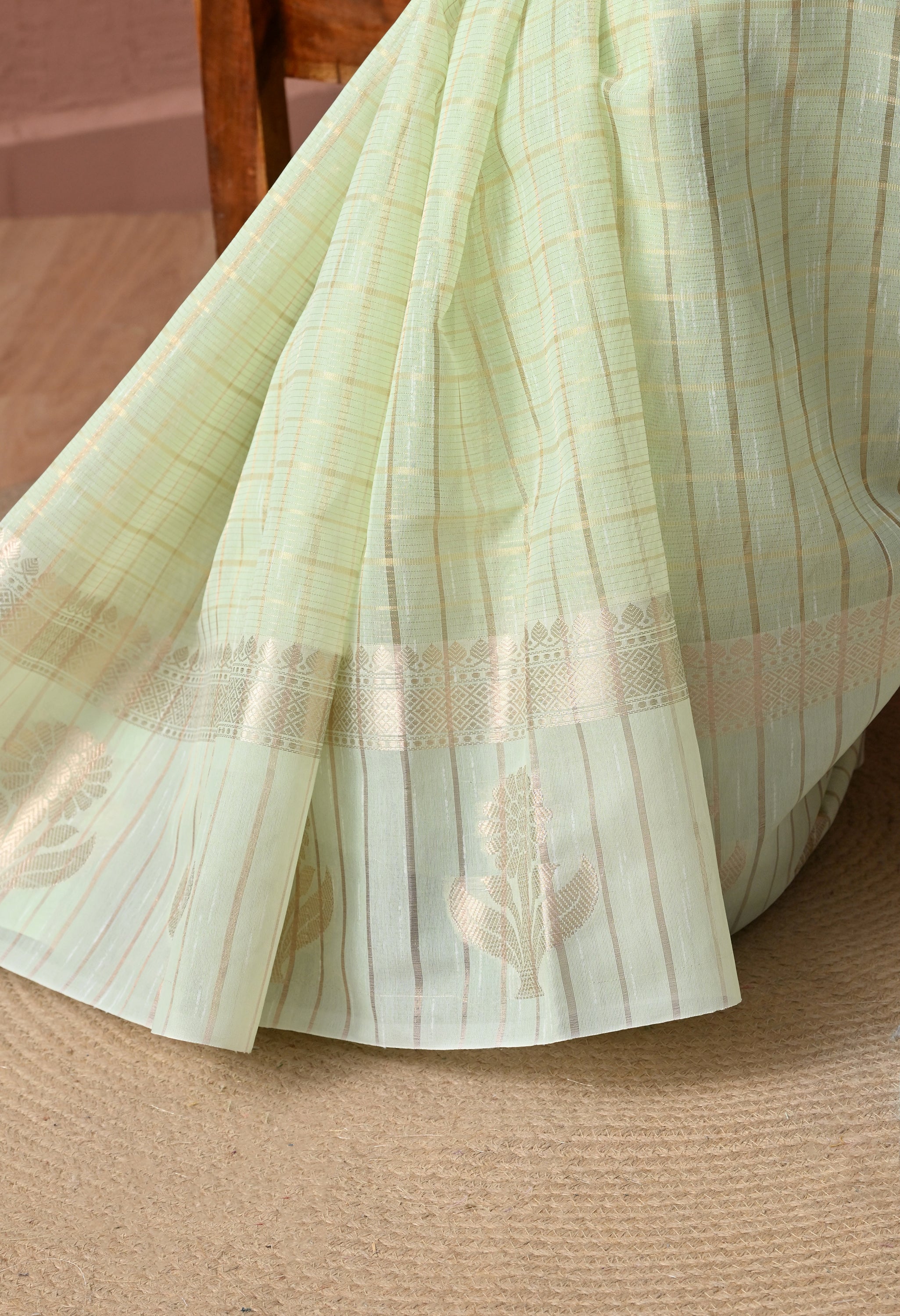 Pure Cotton Saree in Pastel Mint Green with Silver Zari Checked Pattern and Floral Pallu