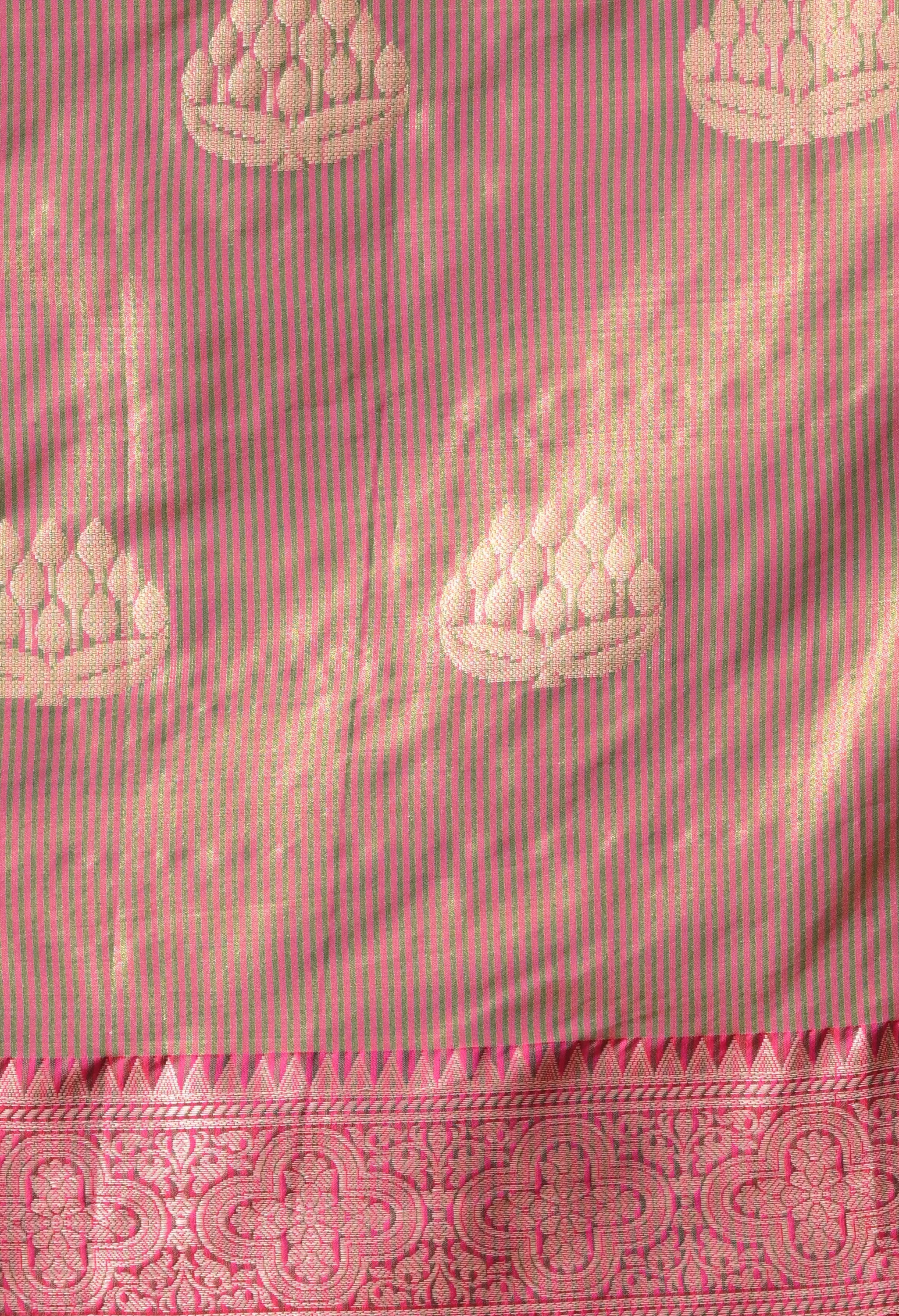 Rani Pink Silk Blend Saree with Gold Lotus Motifs and Contrast Olive Pallu